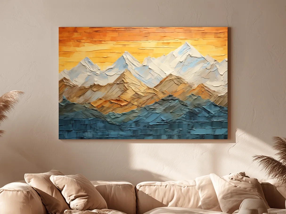 Impasto Style Mountain Range Sunset - Pallet Knife Painting Effect Wall Art