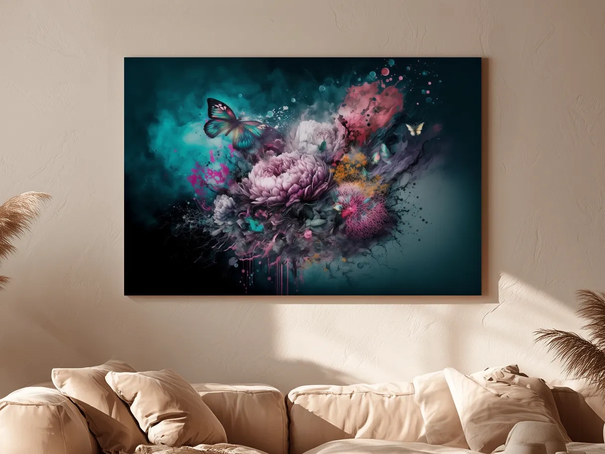 Surreal Floral Butterfly Explosion Painting - Vibrant Botanical Wall Art