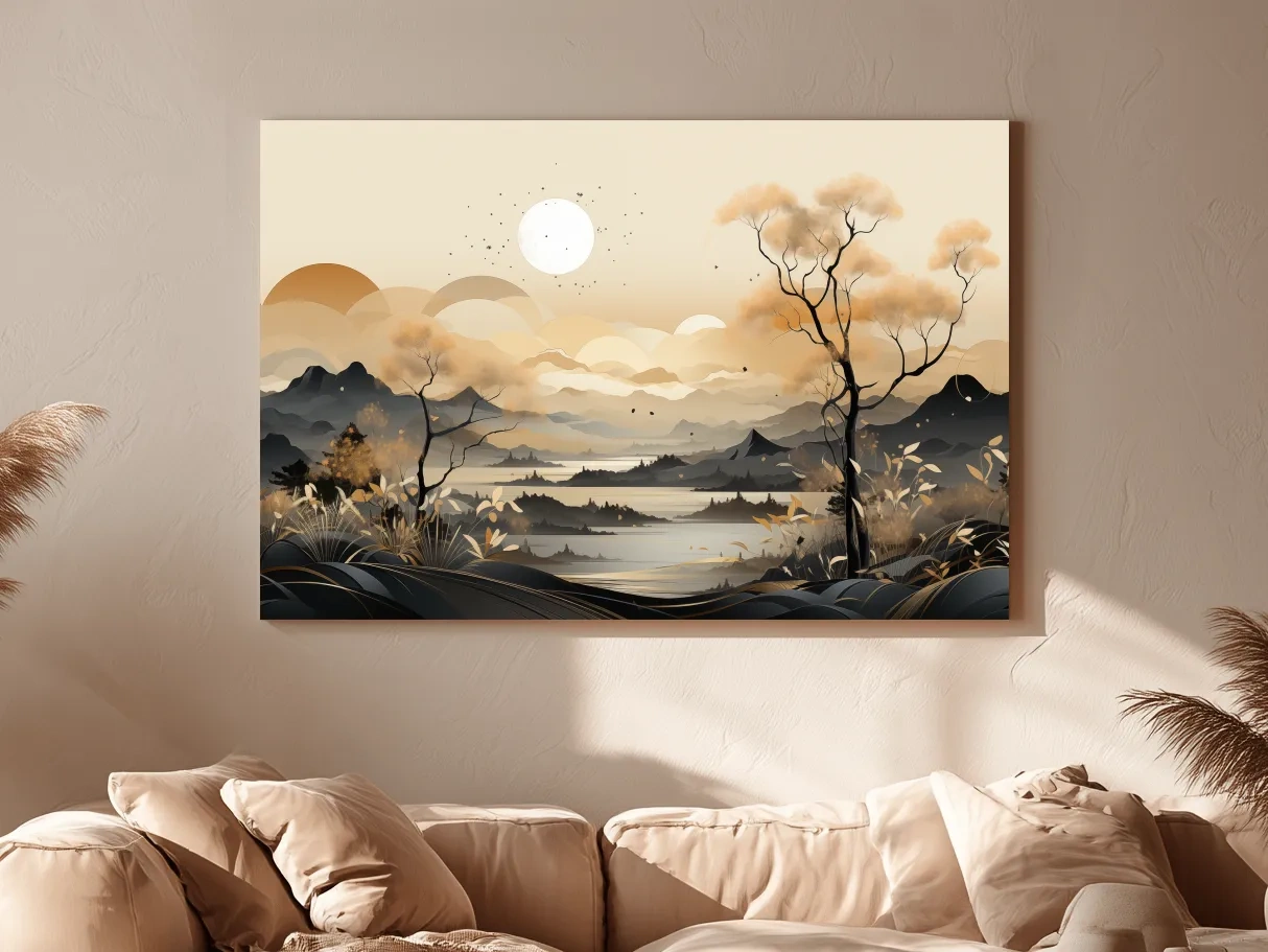 Japandi Misty Mountain Lake Landscape - Boho Wall Artwork