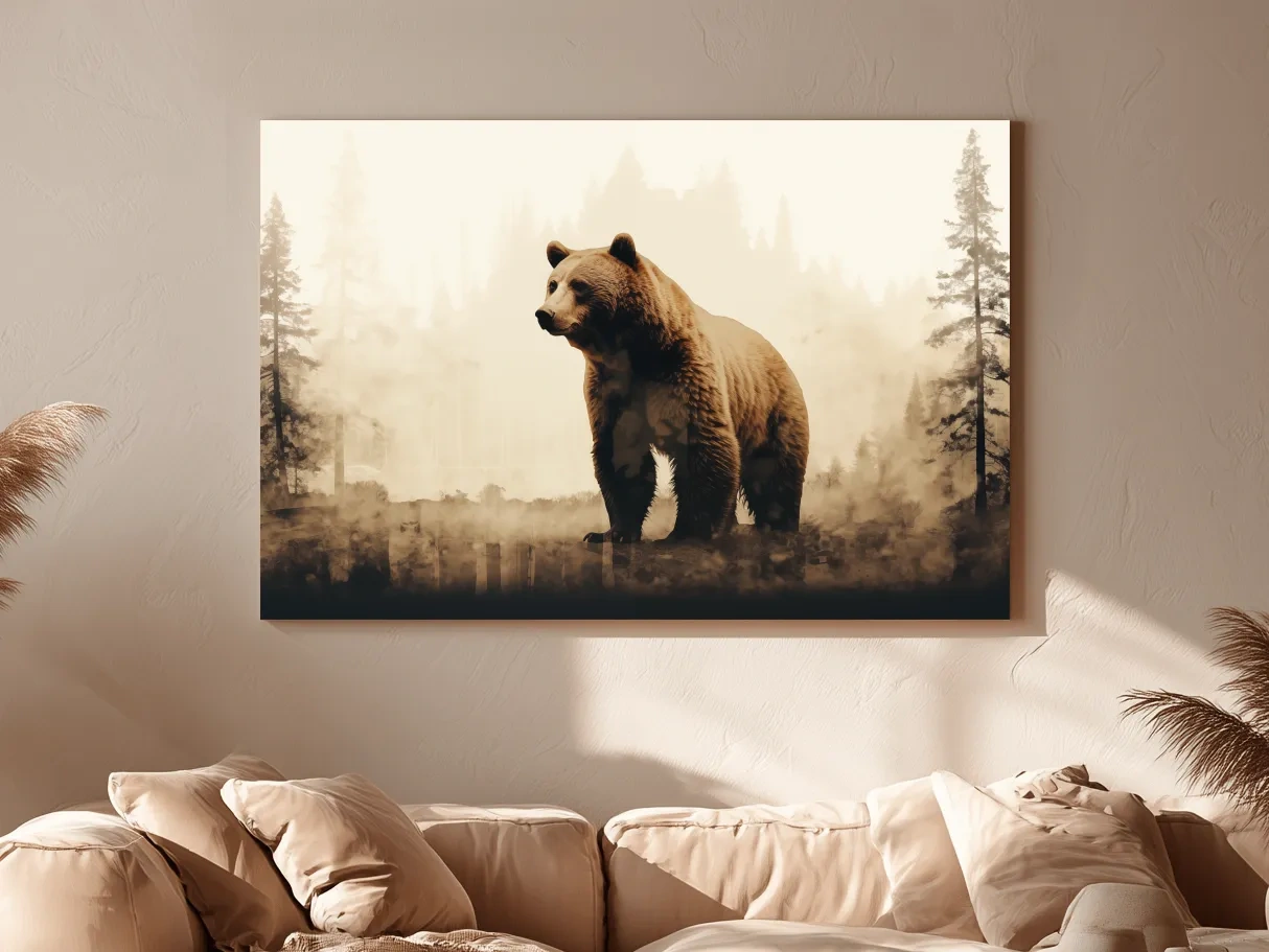 Grizzly bear in the forest, double exposure sepia photography artwork