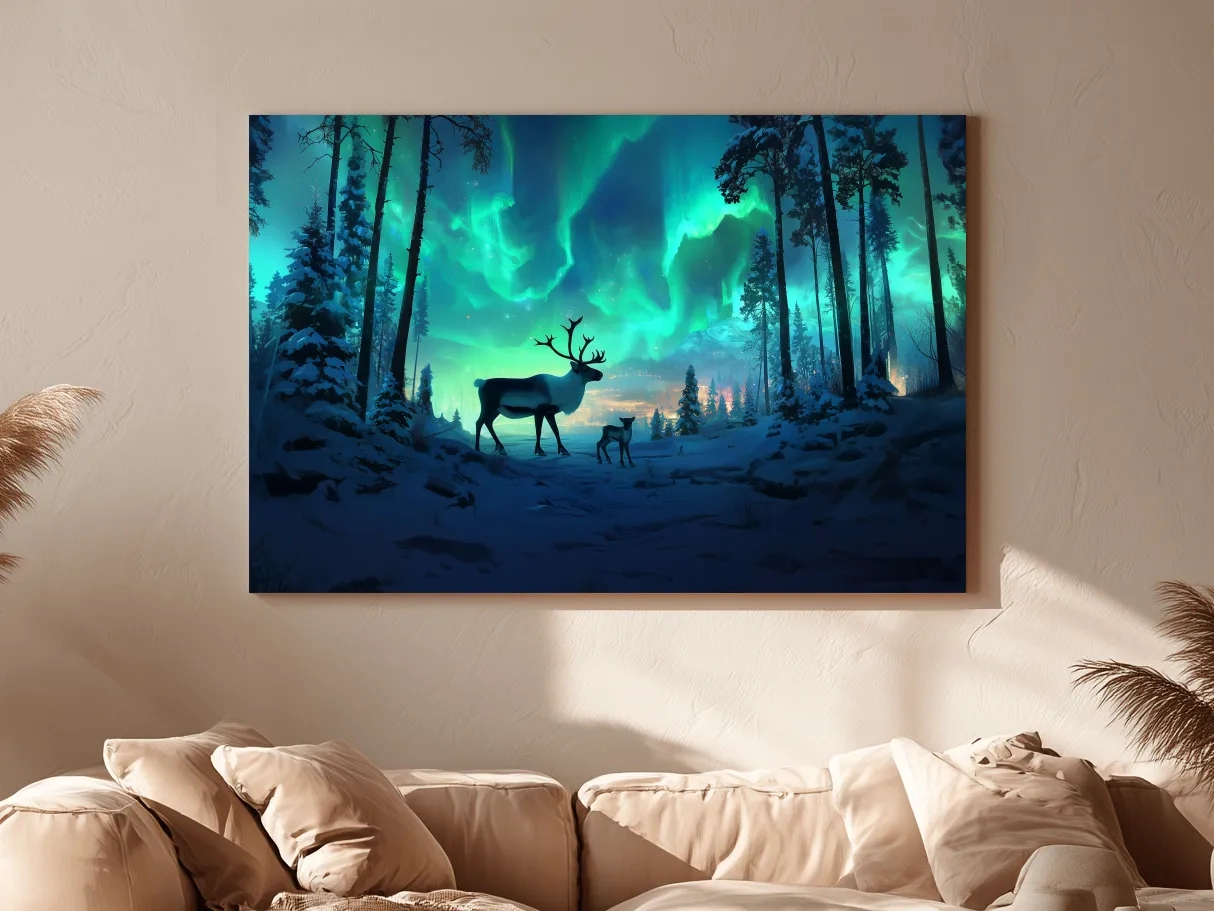 Caribou Buck Under Aurora Borealis Winter Scene - Fantasy Northern Lights Forest Wall Art