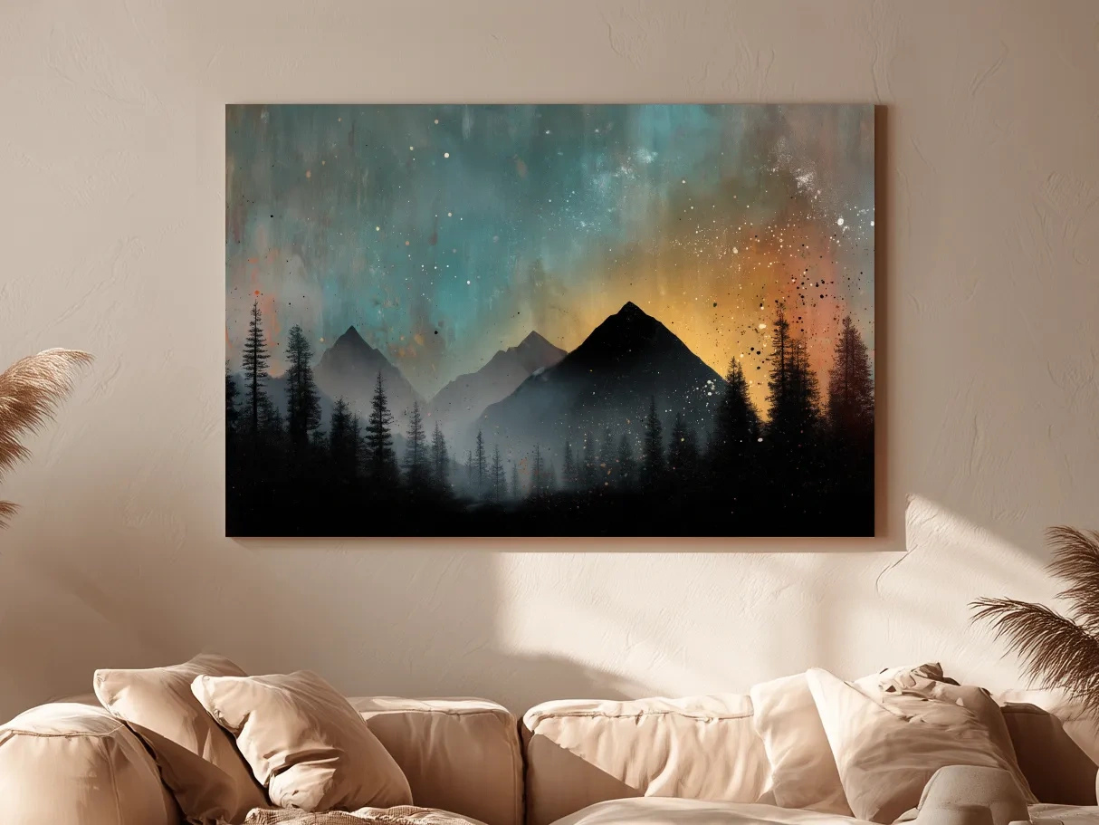 Moody Mountain Sunset Silhouette - Abstract Pine Forest Wall Art