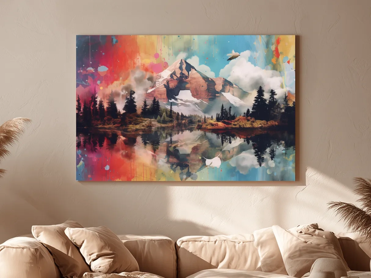 Vibrant Abstract Mountain Lake Painting - Colorful Landscape Wall Art