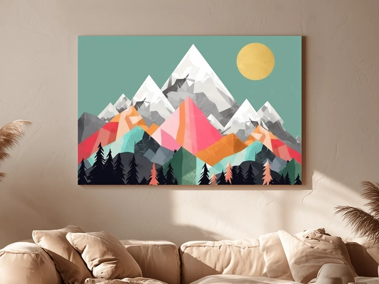 Geometric Abstract 2D Mountain Sunrise Art - Colorful Mid Century Wall Art