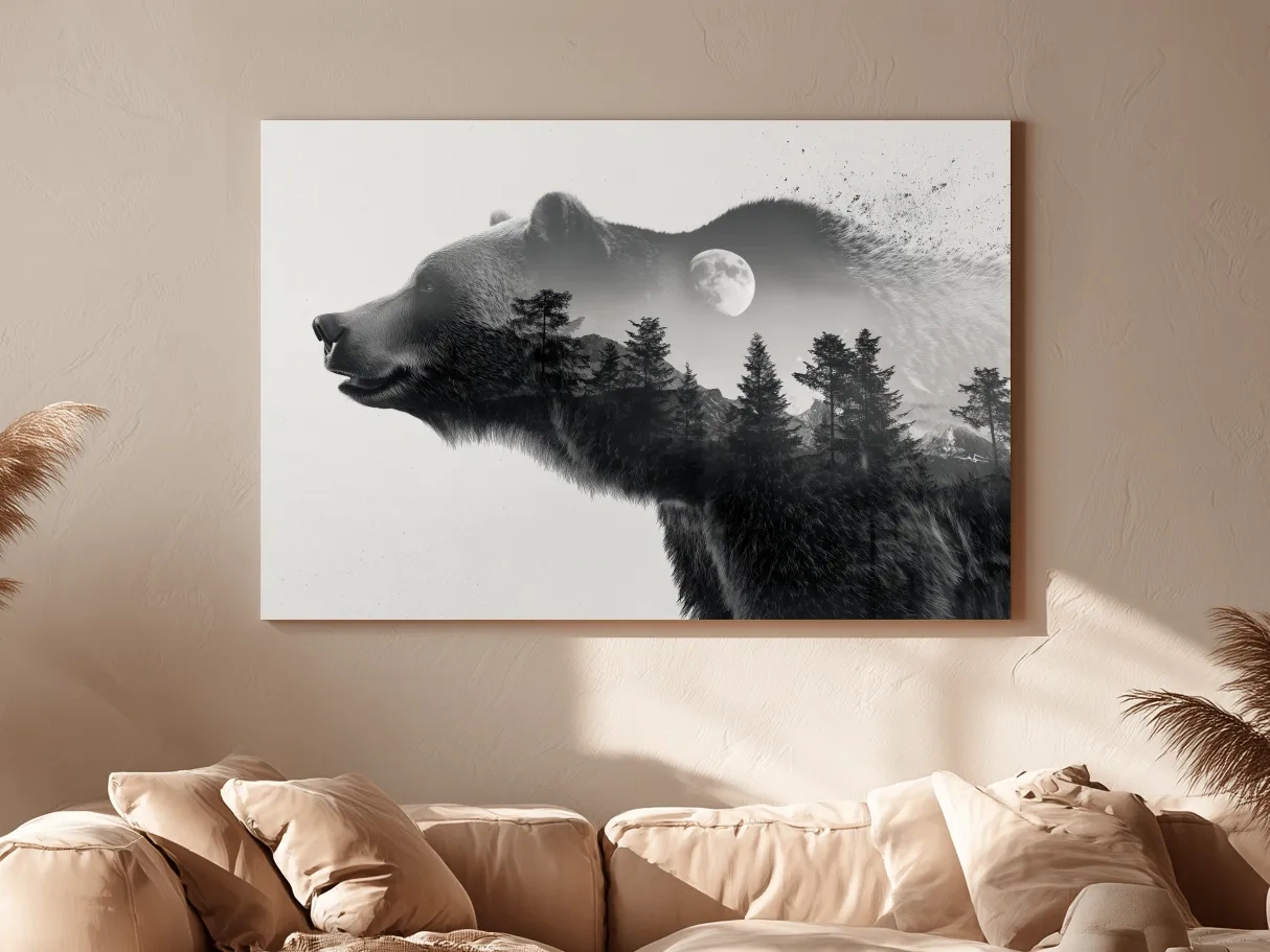 Black And White Grizzly Bear Double Exposure - Moonlit Pine Forest Mountain Wall Art