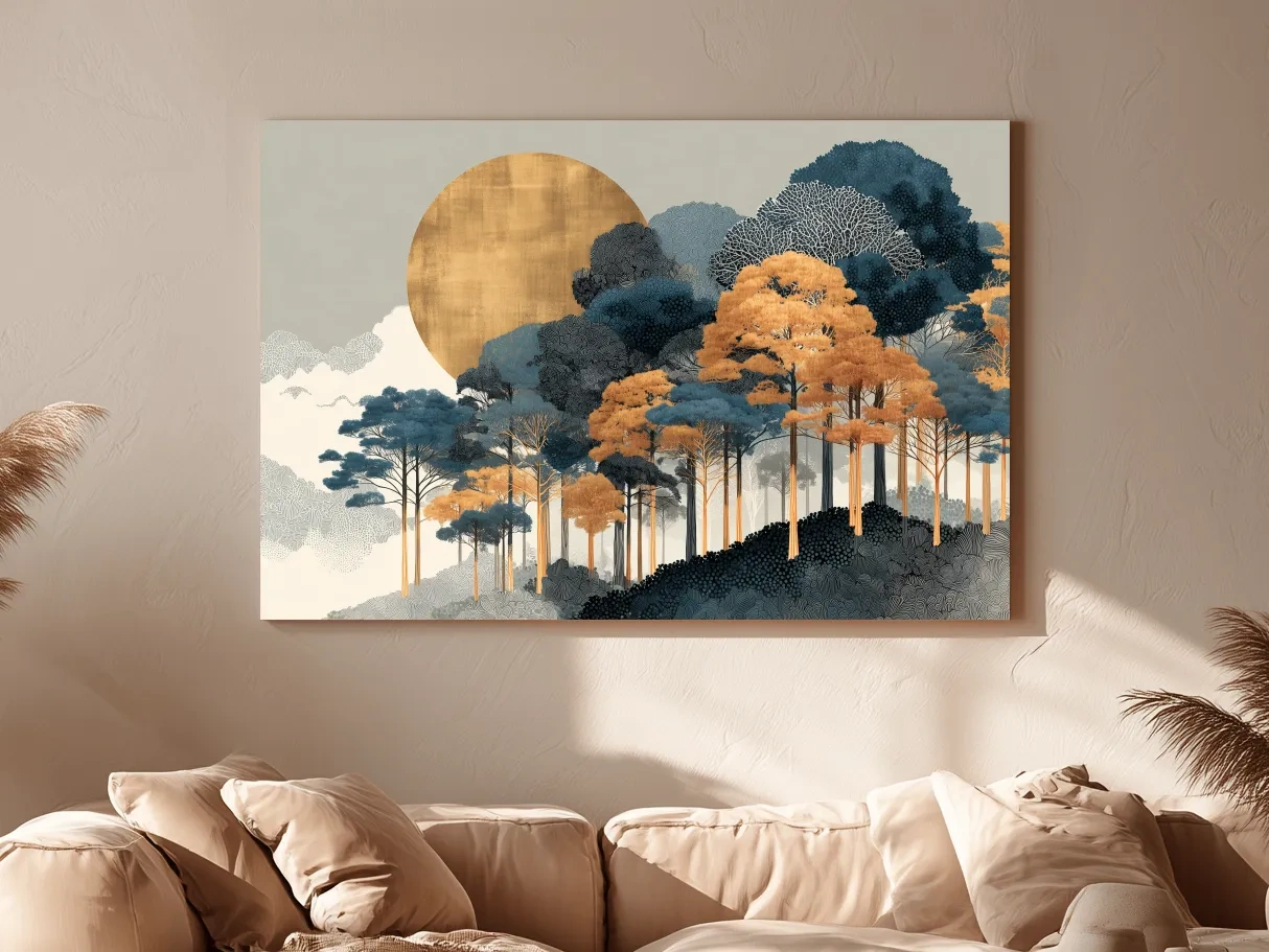 Modern Chic Golden Sun Over Autumn Forest - Elegant Boho Landscape Wall Art