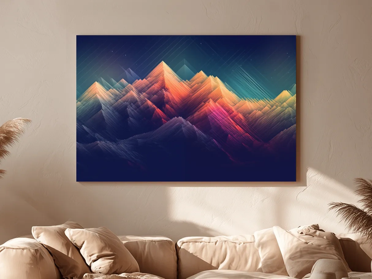 Vibrant Geometric Neon Mountain Peaks - Abstract Alpine Wall Art