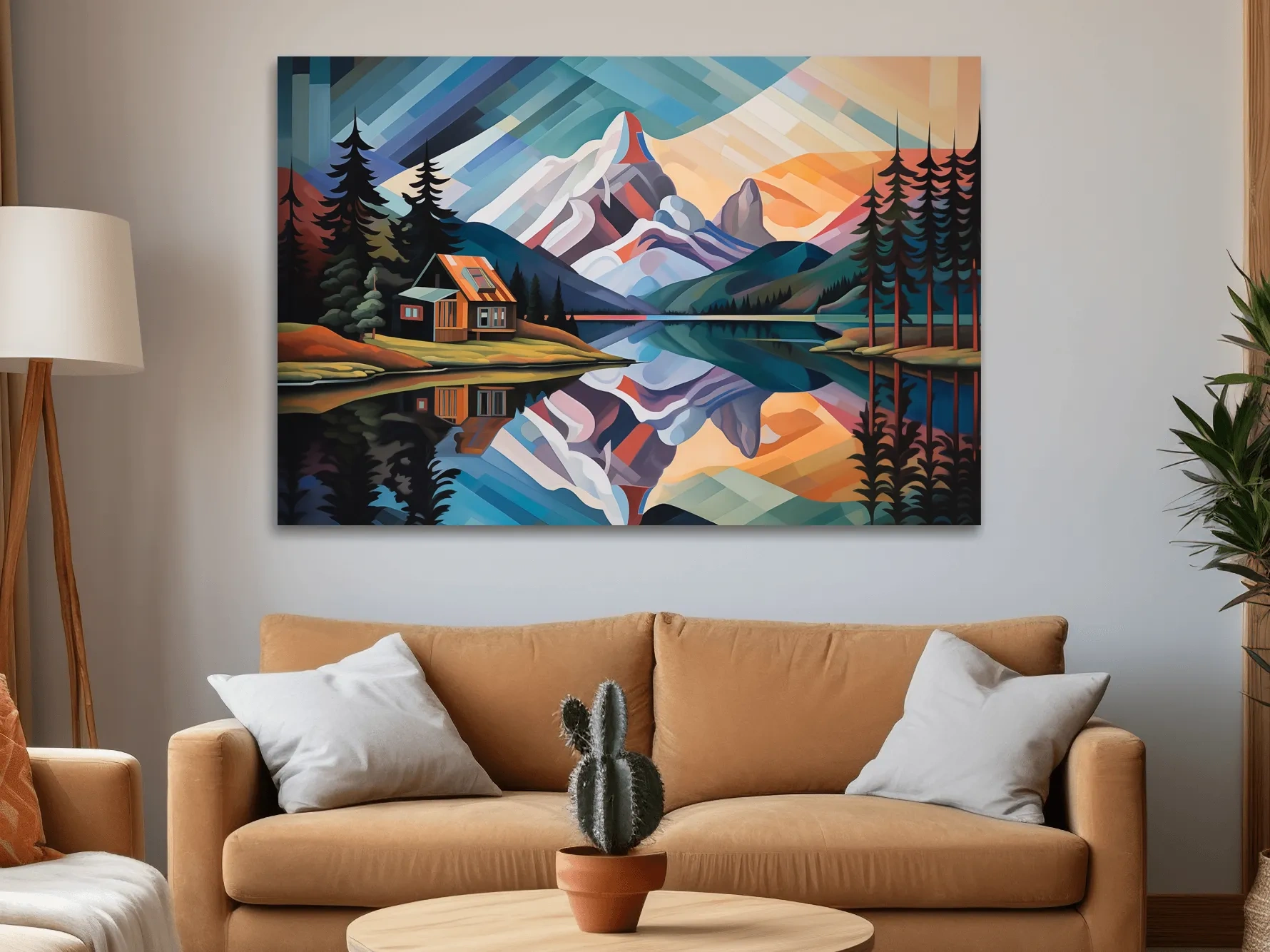 Mountain Cabin by the Lake Canvas Print - Abstract Oil Painting Sunset Wall Art