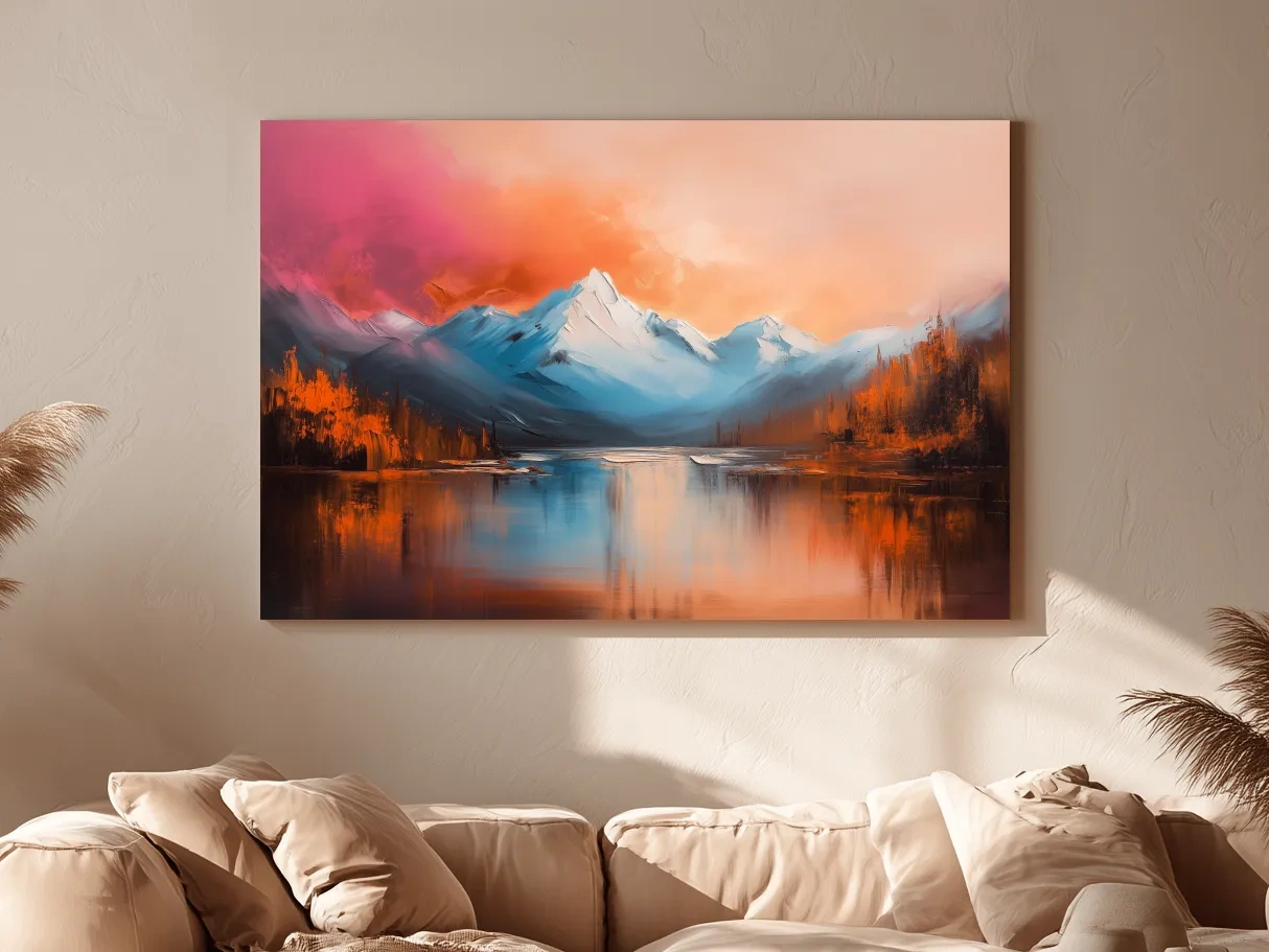 Sunset Mountain Lake Painting - Serene Abstract Landscape Wall Art Print