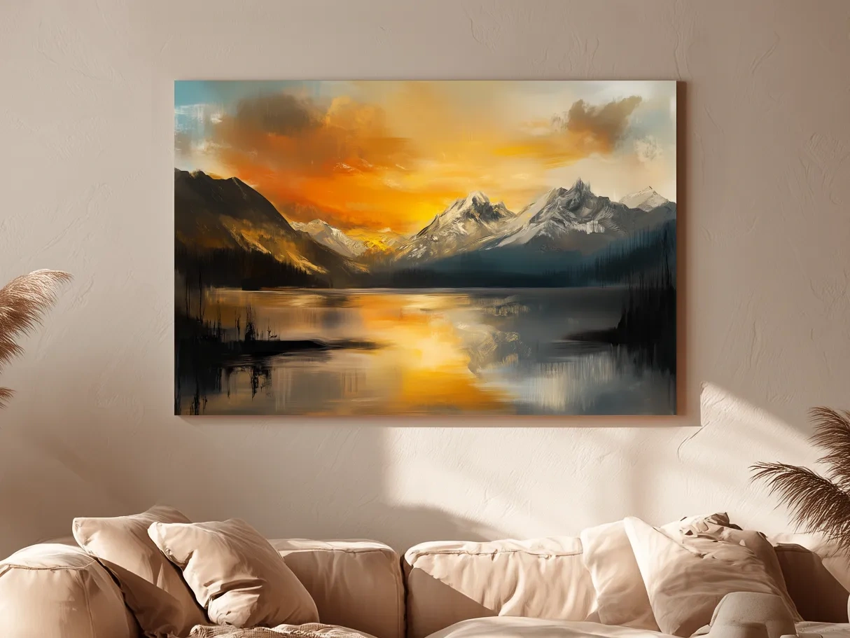 Moody Alpine Mountain Lake Sunset Painting - Oil Painting Style Wall Art