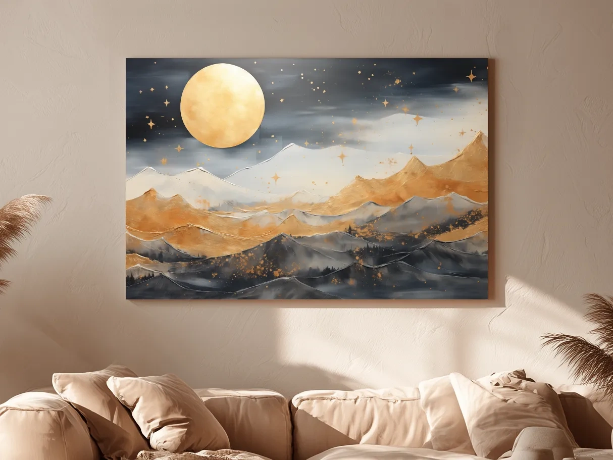 Golden Moonlit Abstract Mountain Landscape - Modern Metallic Watercolor Wall Art