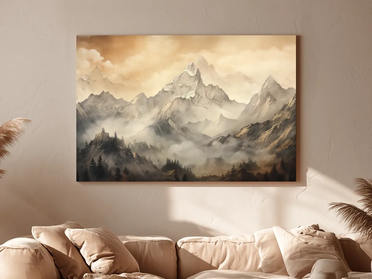 Moody Sepia Misty Mountain Peaks - Atmospheric Alpine Landscape Painting Wall Art