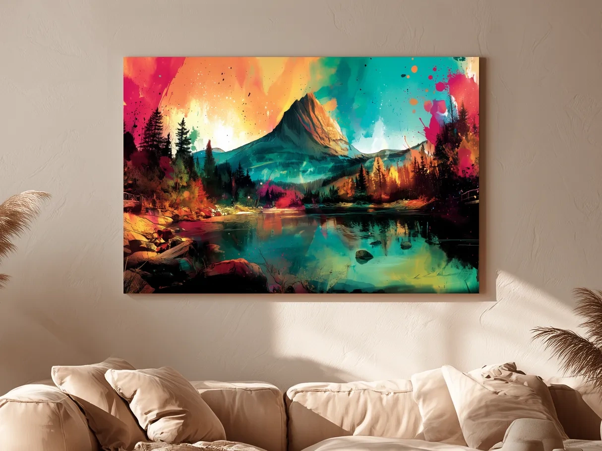 Vibrant Abstract Alpine Mountain Sunrise - Colorful Watercolor Style Artwork