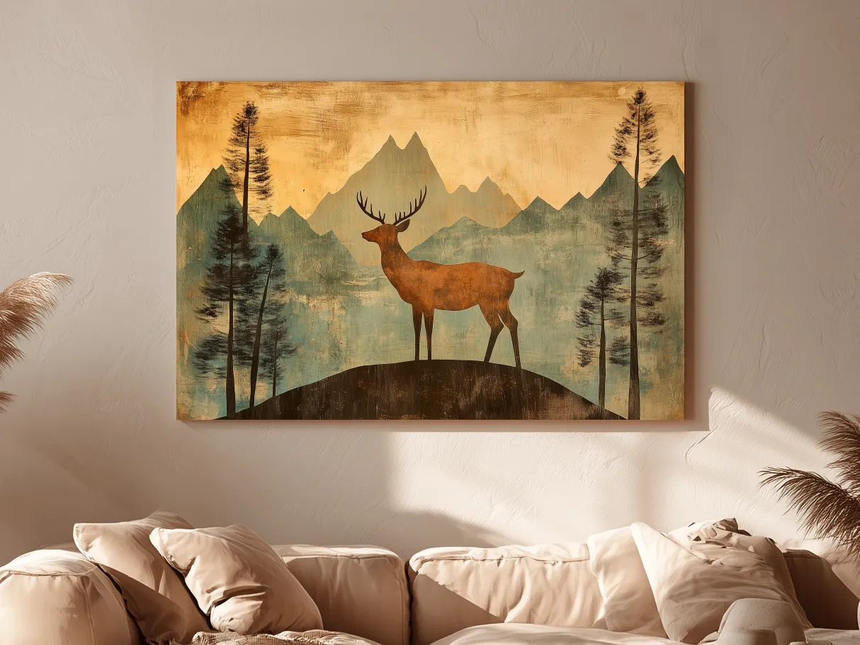 Rustic Deer Silhouette Mountain Landscape - Vintage Woodland Wall Art