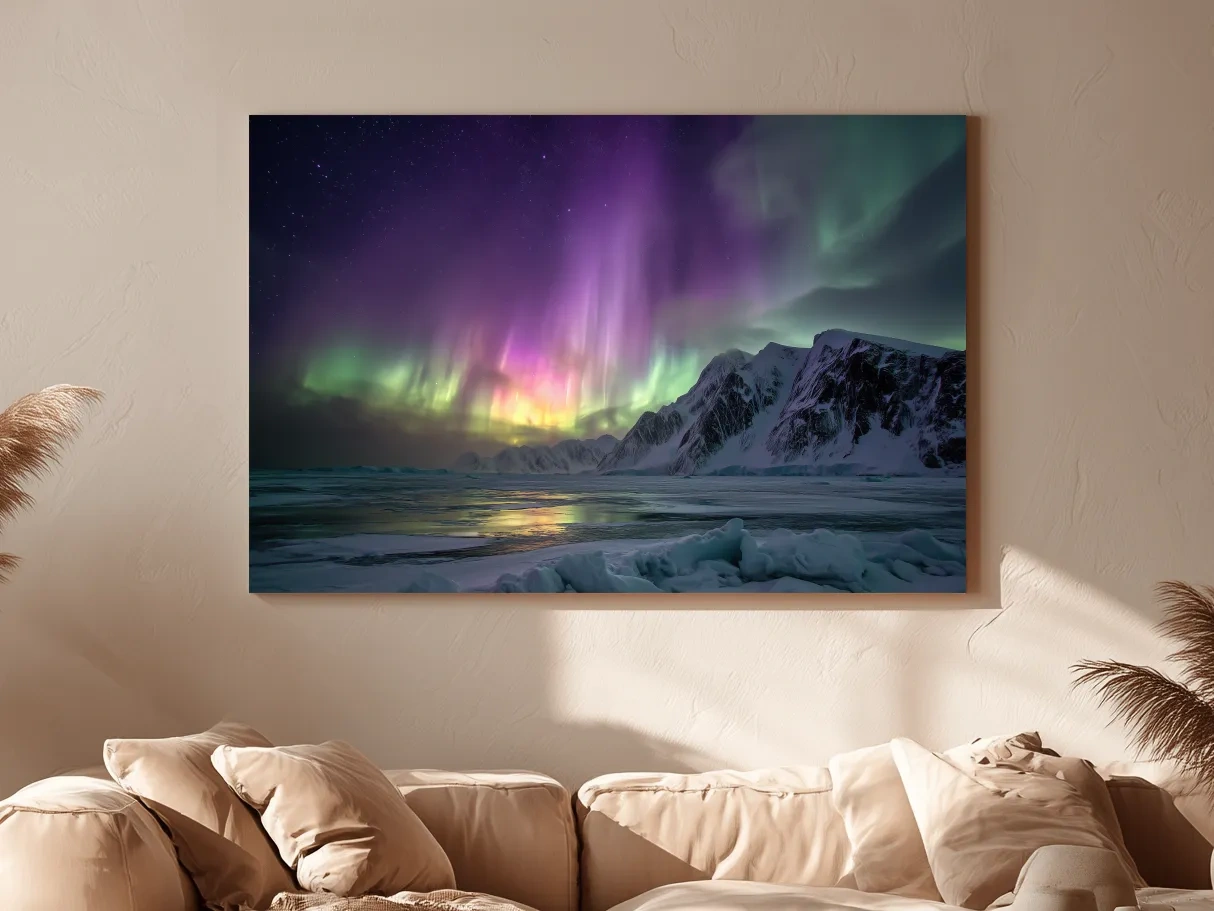 Vibrant Northern Lights Over Snowy Mountains - Aurora Borealis Photographic Night Sky Wall Art