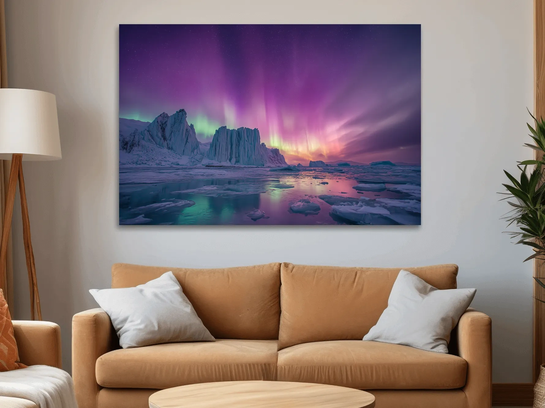 Vibrant Purple Northern Lights Over Arctic Icebergs - Aurora Borealis Landscape Wall Art