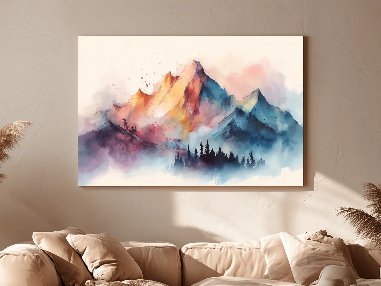 Vibrant Watercolor Mountain Peaks - Colorful Misty Alpine Forest Wall Art
