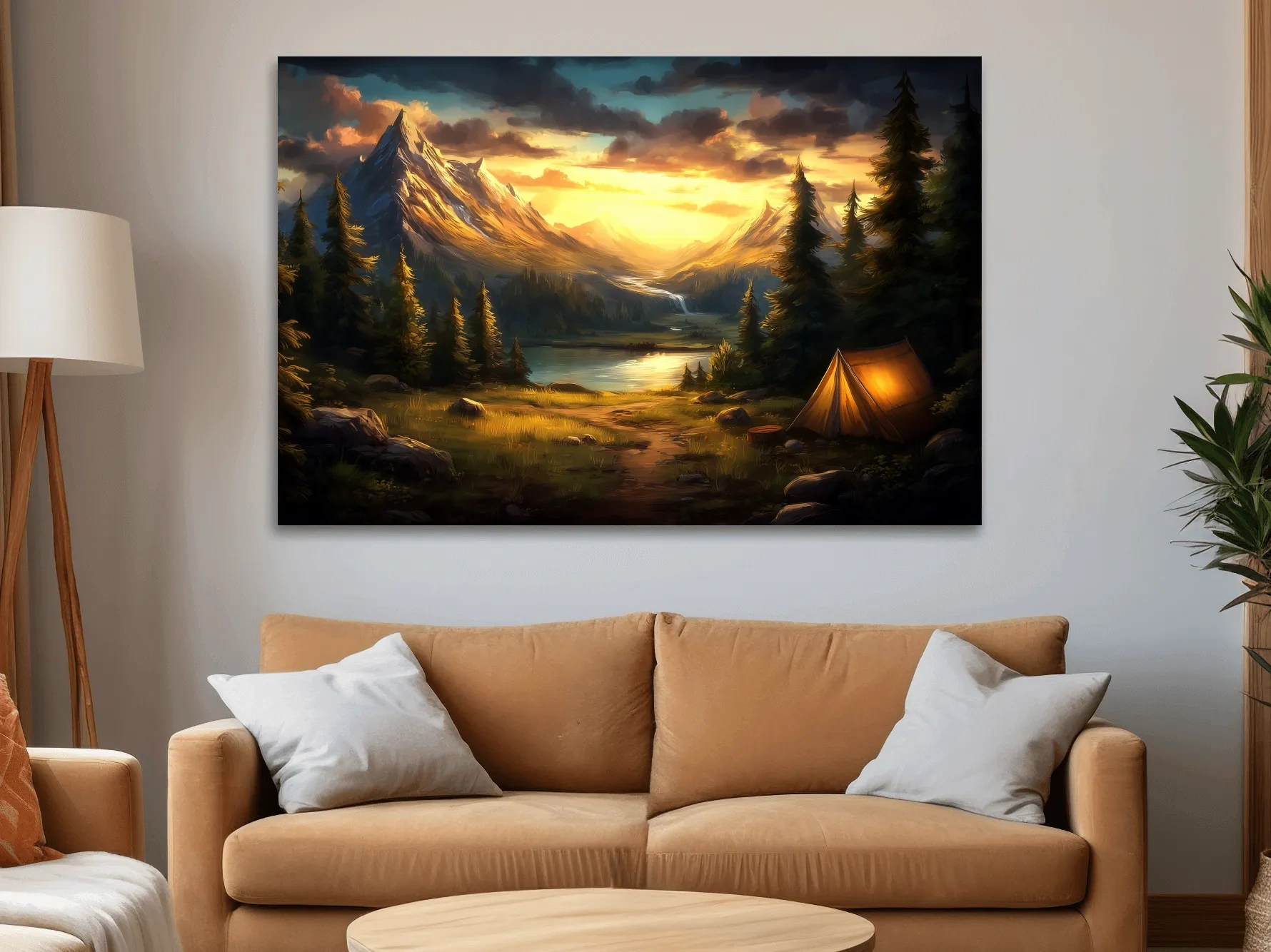 Golden Sunset Alpine Camping Scene Impressionist Painting - Scenic Mountain Wall Art
