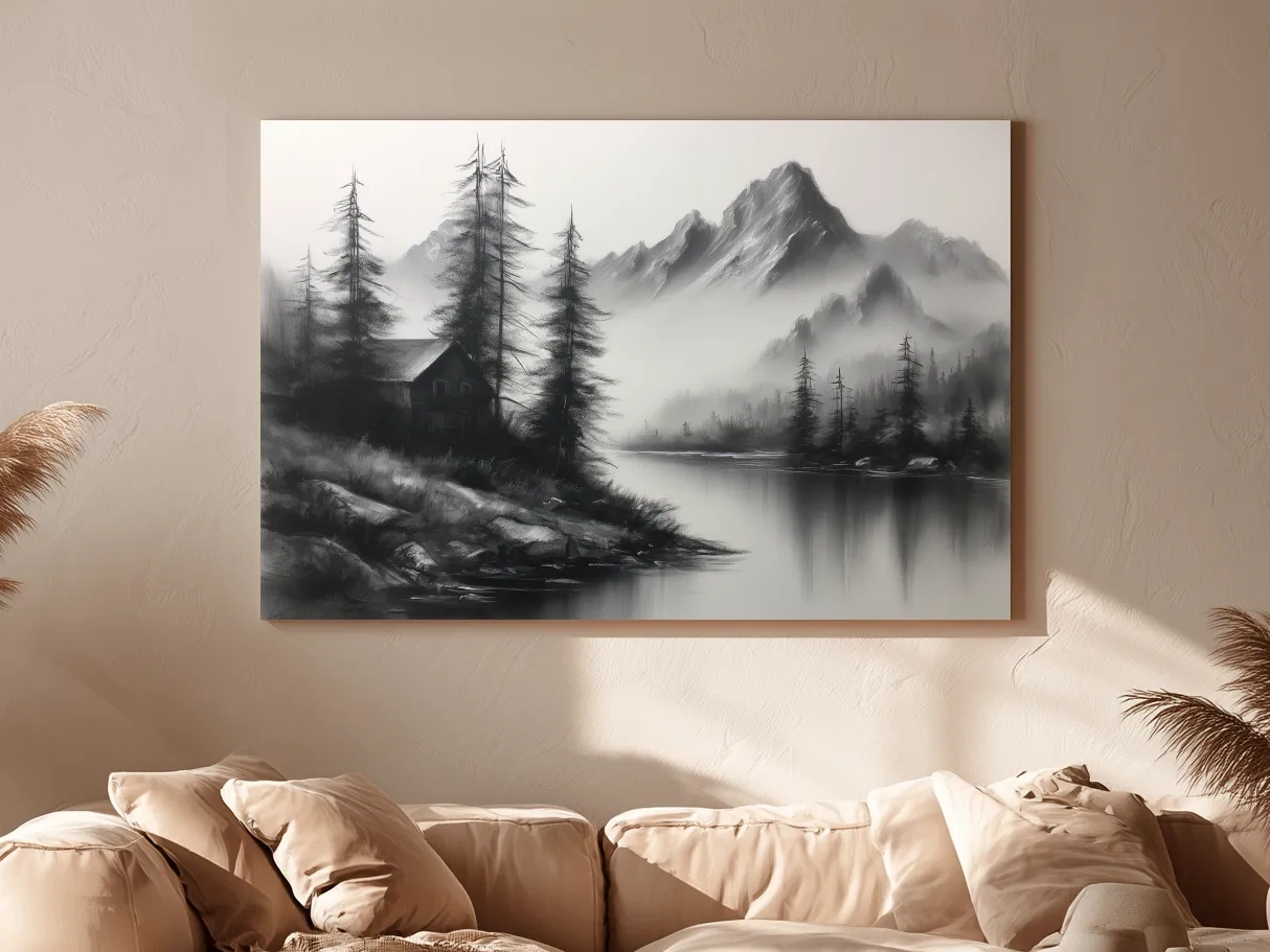 Moody Monochrome Alpine Lake Cabin - Charcoal Mountain Sketch Style Wall Art