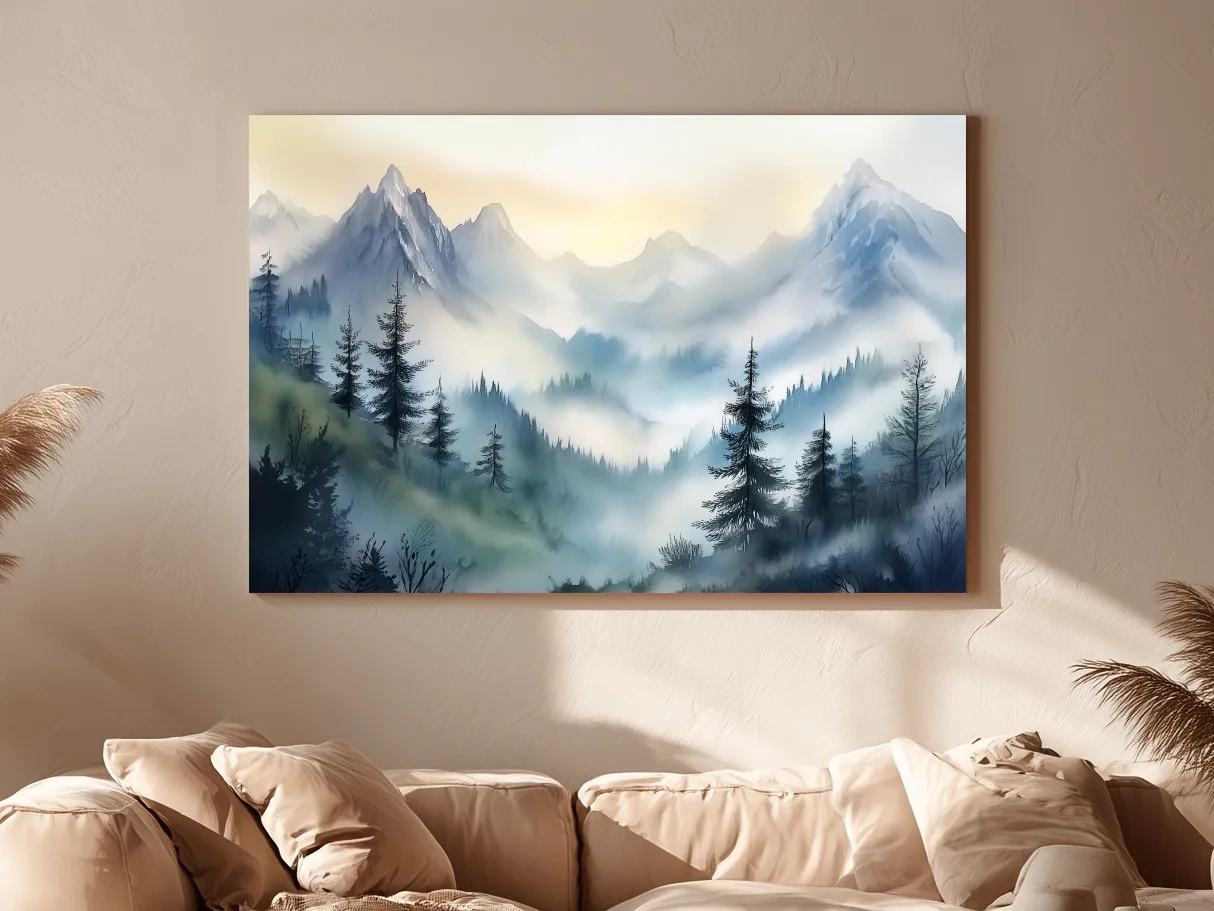 Chinese Ink Wash Watercolor Mountain Peaks - Foggy Alpine Wall Art