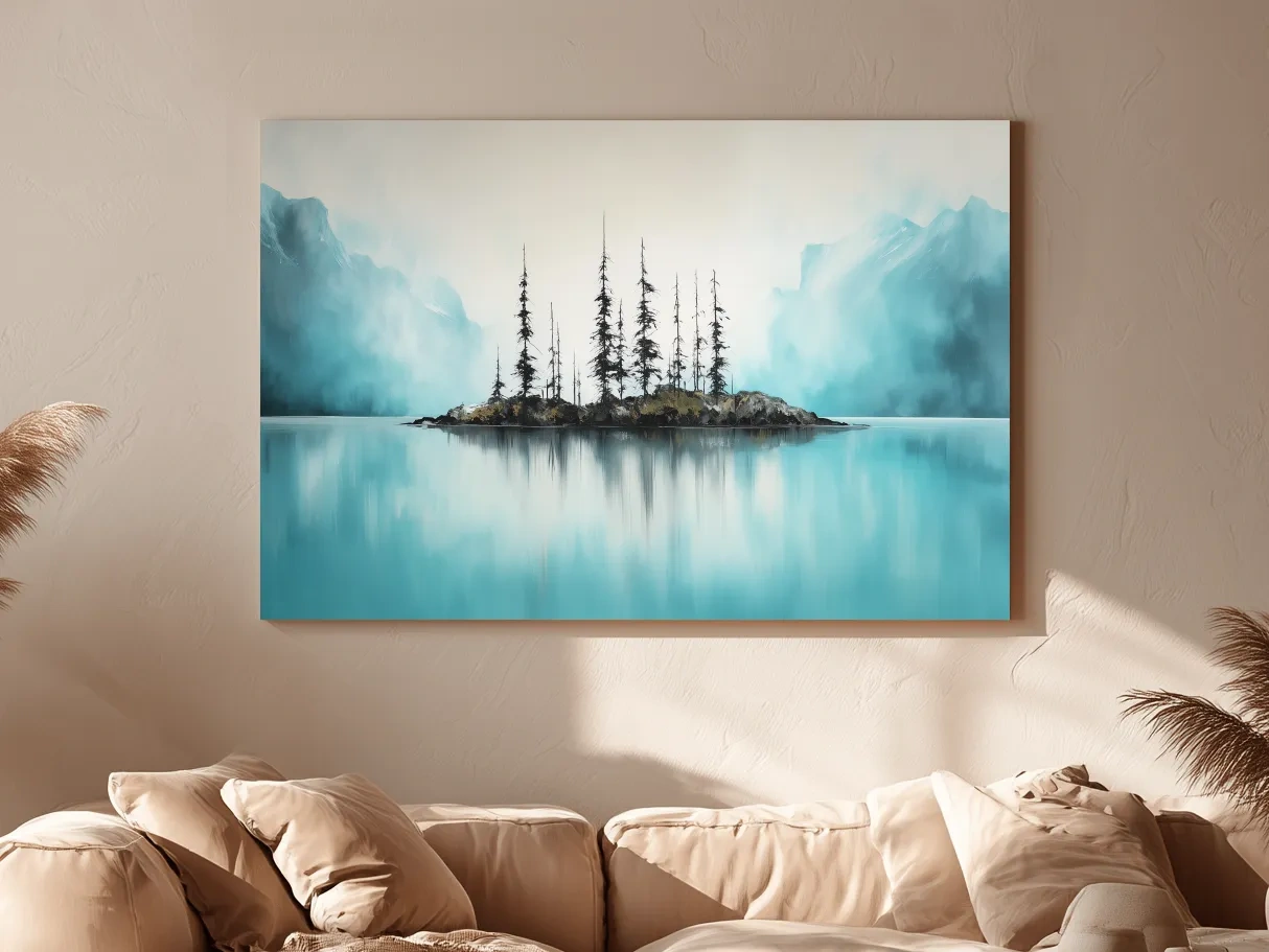 Misty Turquoise Mountain Lake Reflection - Minimalist Watercolor Landscape Wall Art