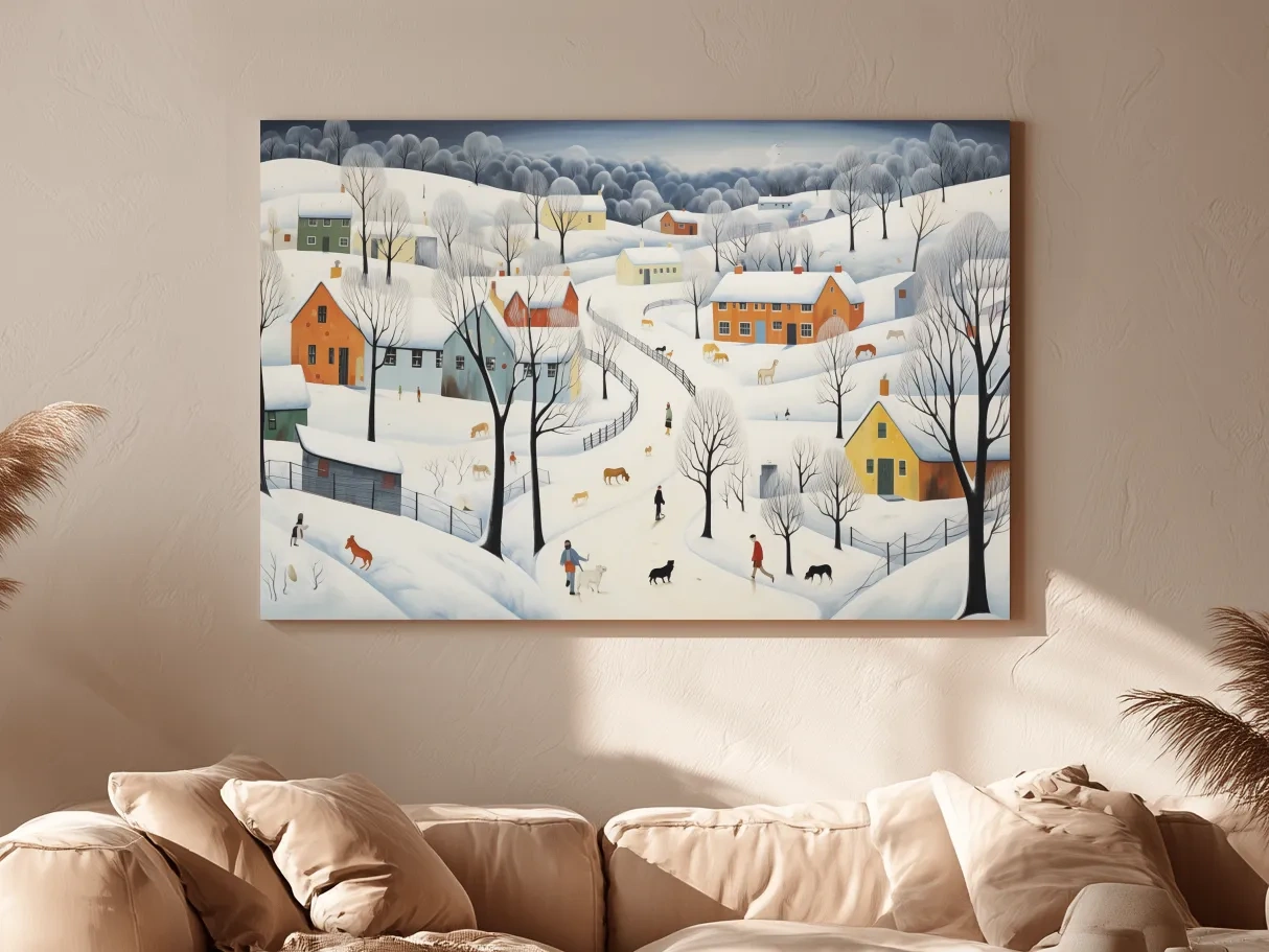 Whimsical Snowy Village Winter Landscape Painting - Folk Art Countryside Wall Art