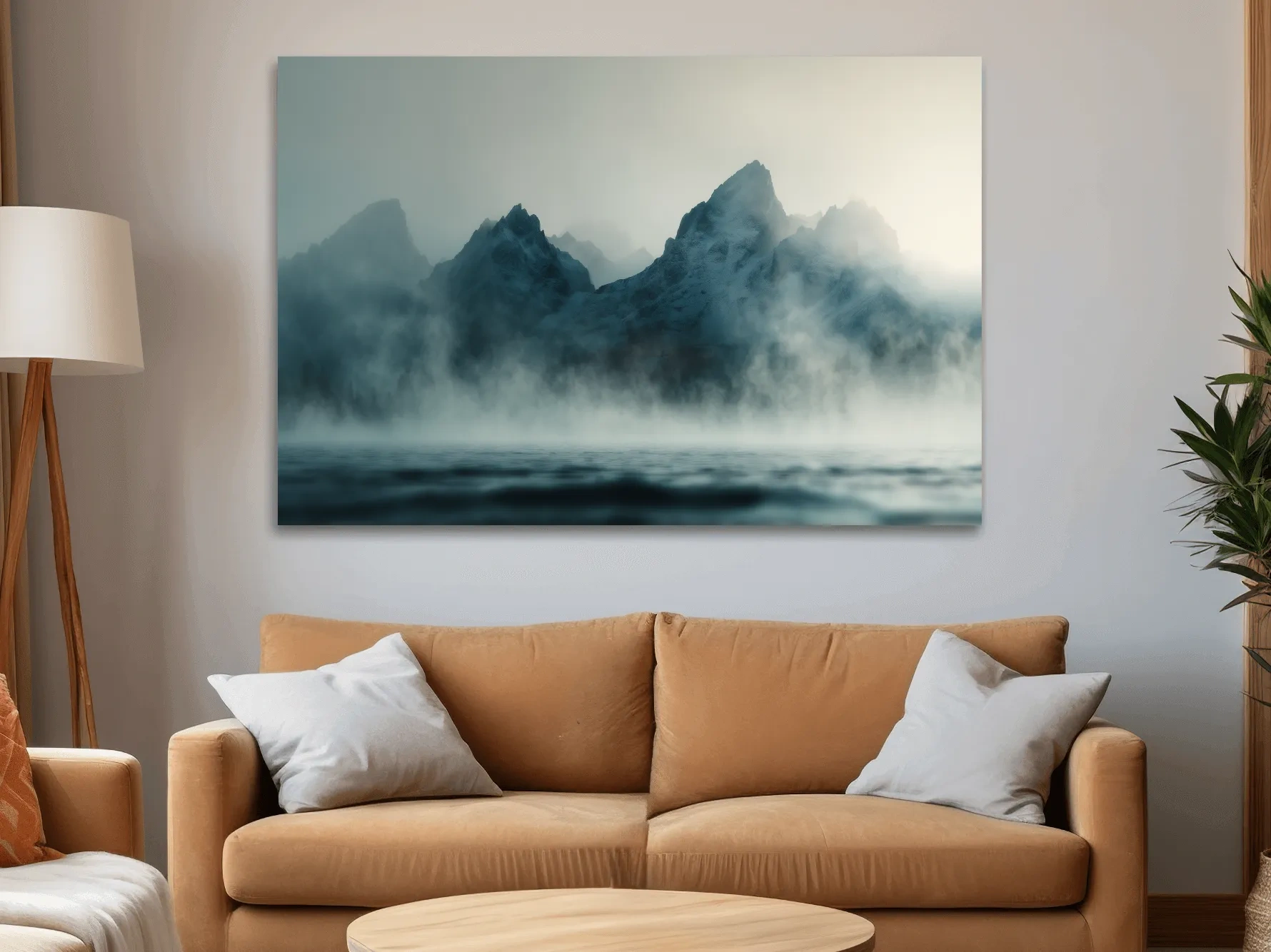 Moody Misty Mountain Peaks Over Water - Atmospheric Monochrome Landscape Wall Art