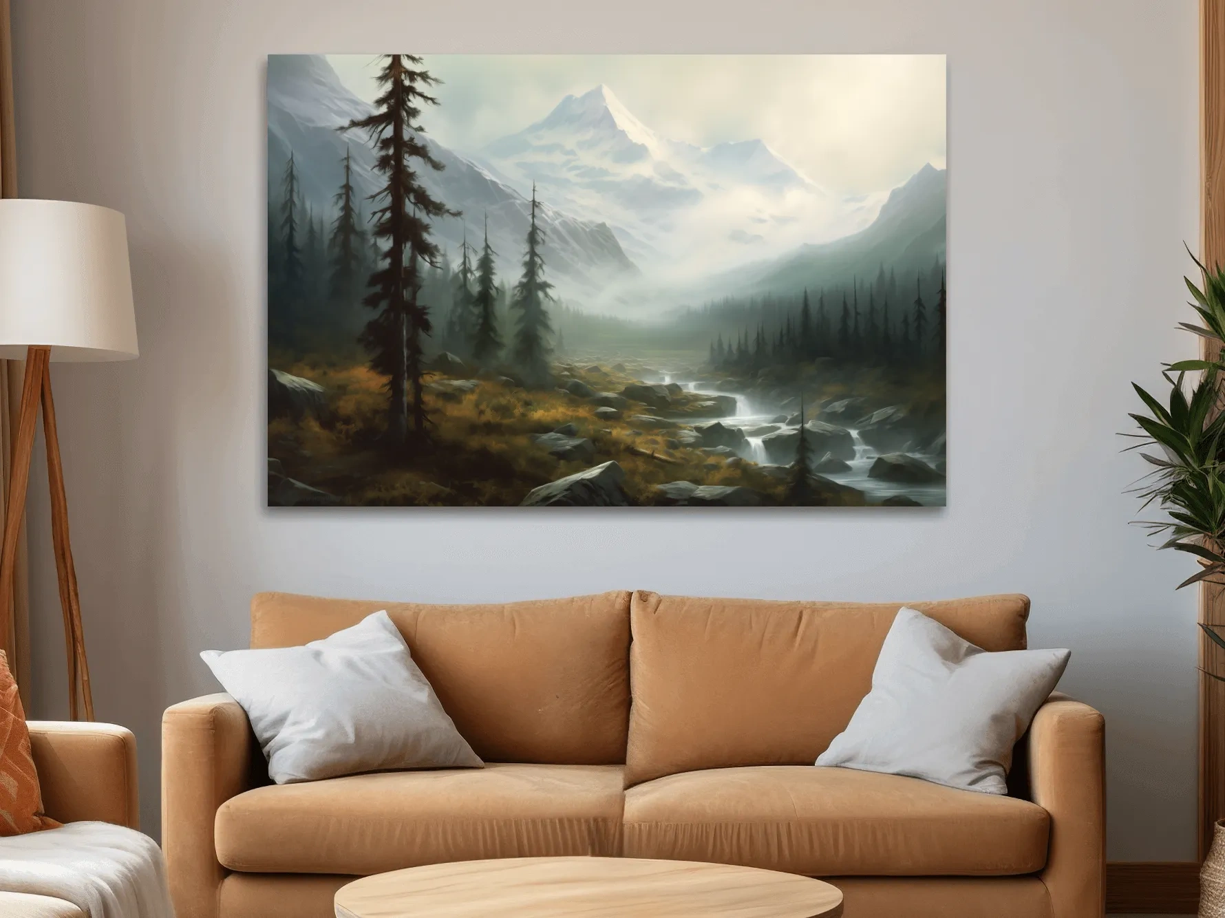 Misty Alpine Mountain Valley Painting - Foggy Evergreen Forest Wall Art