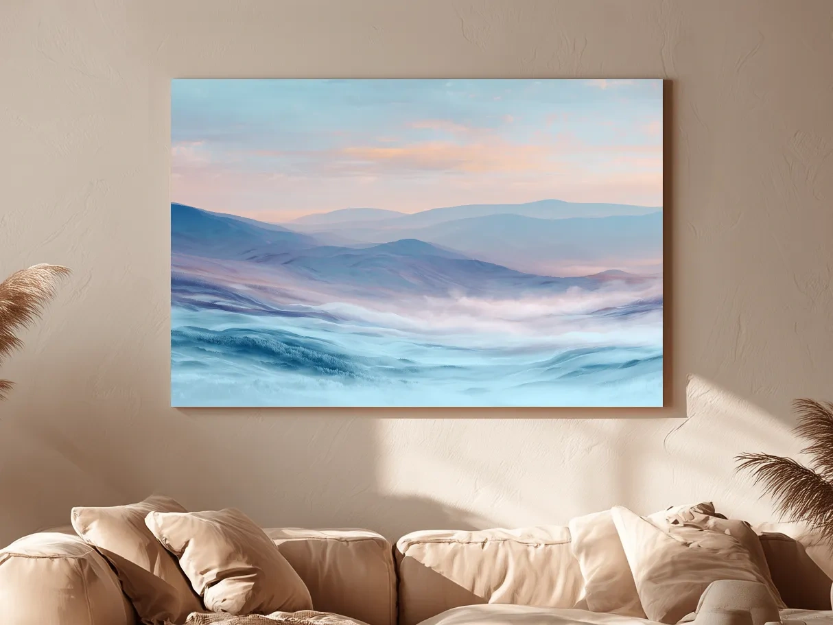 Ethereal Pastel Misty Mountain Landscape - Serene Abstract Forest Wall Art