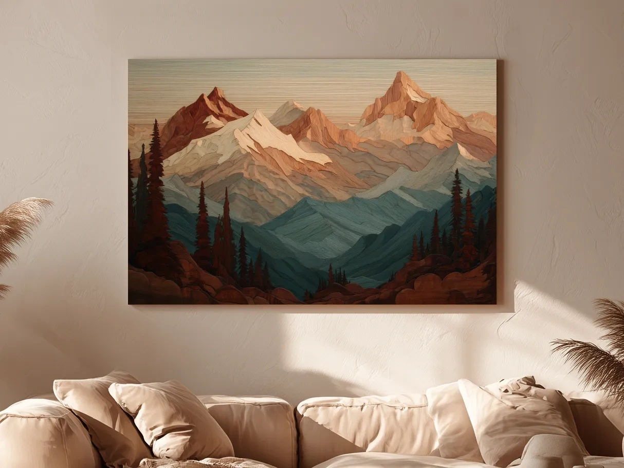 Layered Wood Alpine Mountain Range - Textured Topographic Landscape Wall Art