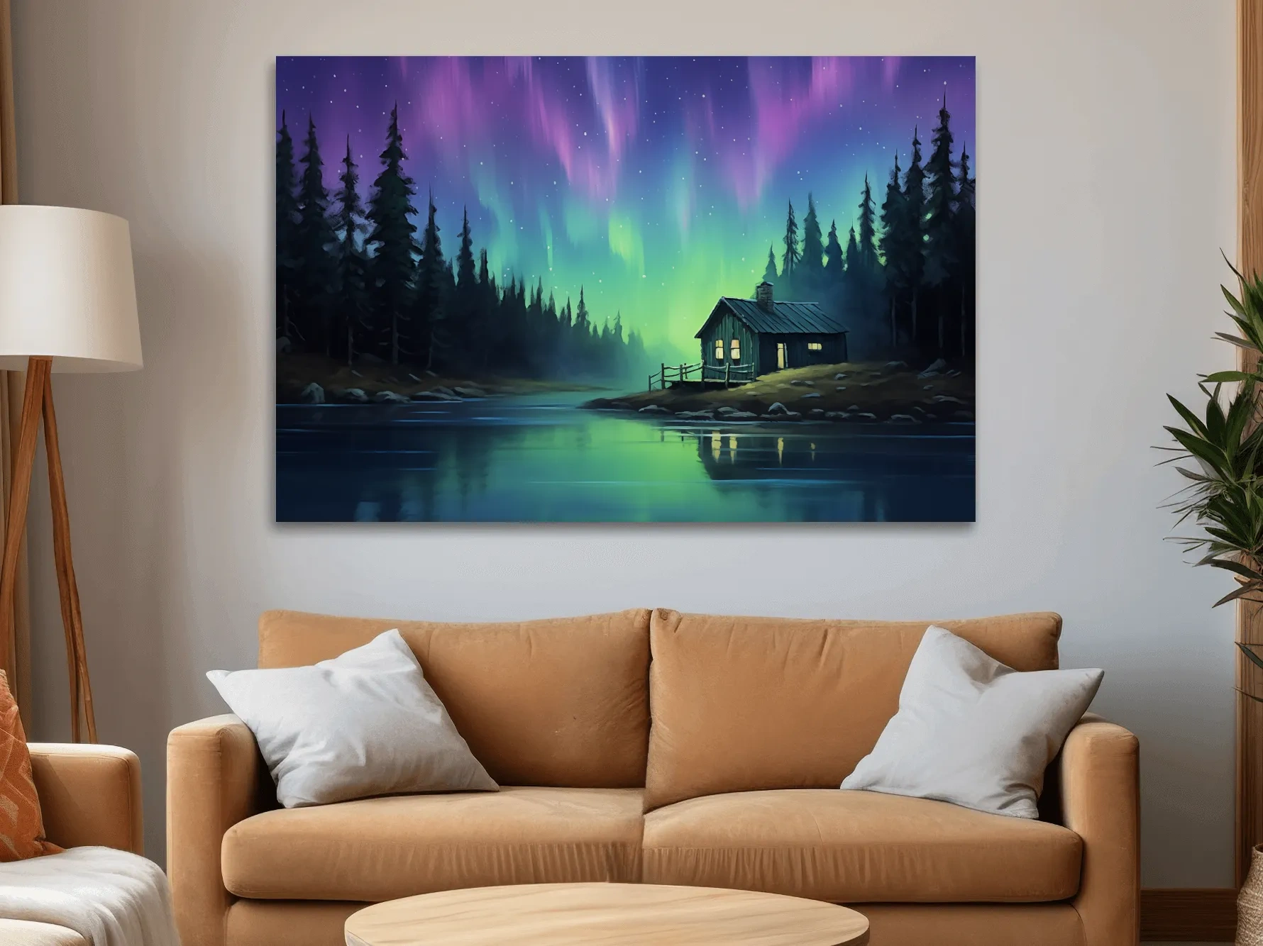 Northern Lights Over Lakeside Cabin Painting - Aurora Borealis Night Wall Art