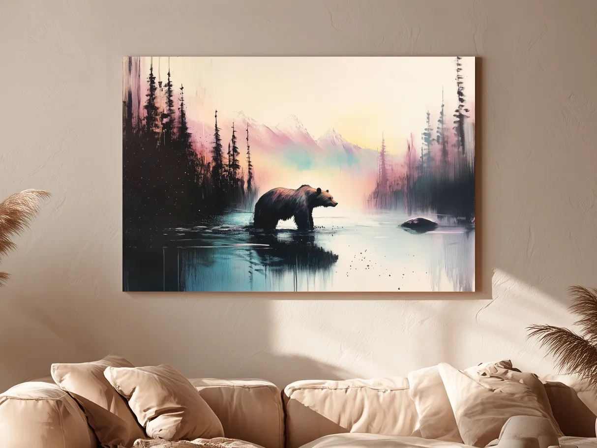 Moody Watercolor Grizzly Bear Lake Reflection - Misty Mountain Wilderness Wall Art