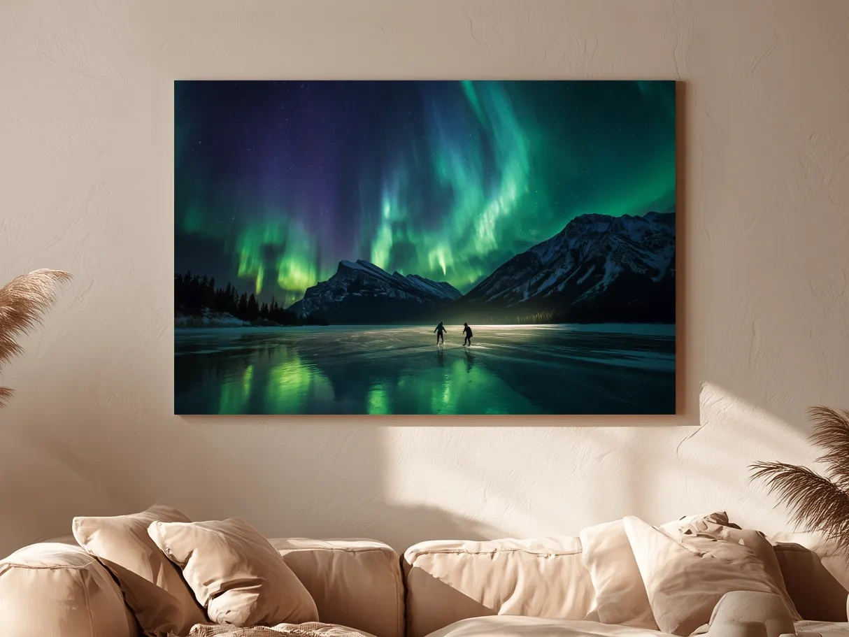 Ice Skaters Under Vibrant Northern Lights - Aurora Borealis Photographic Wall Art