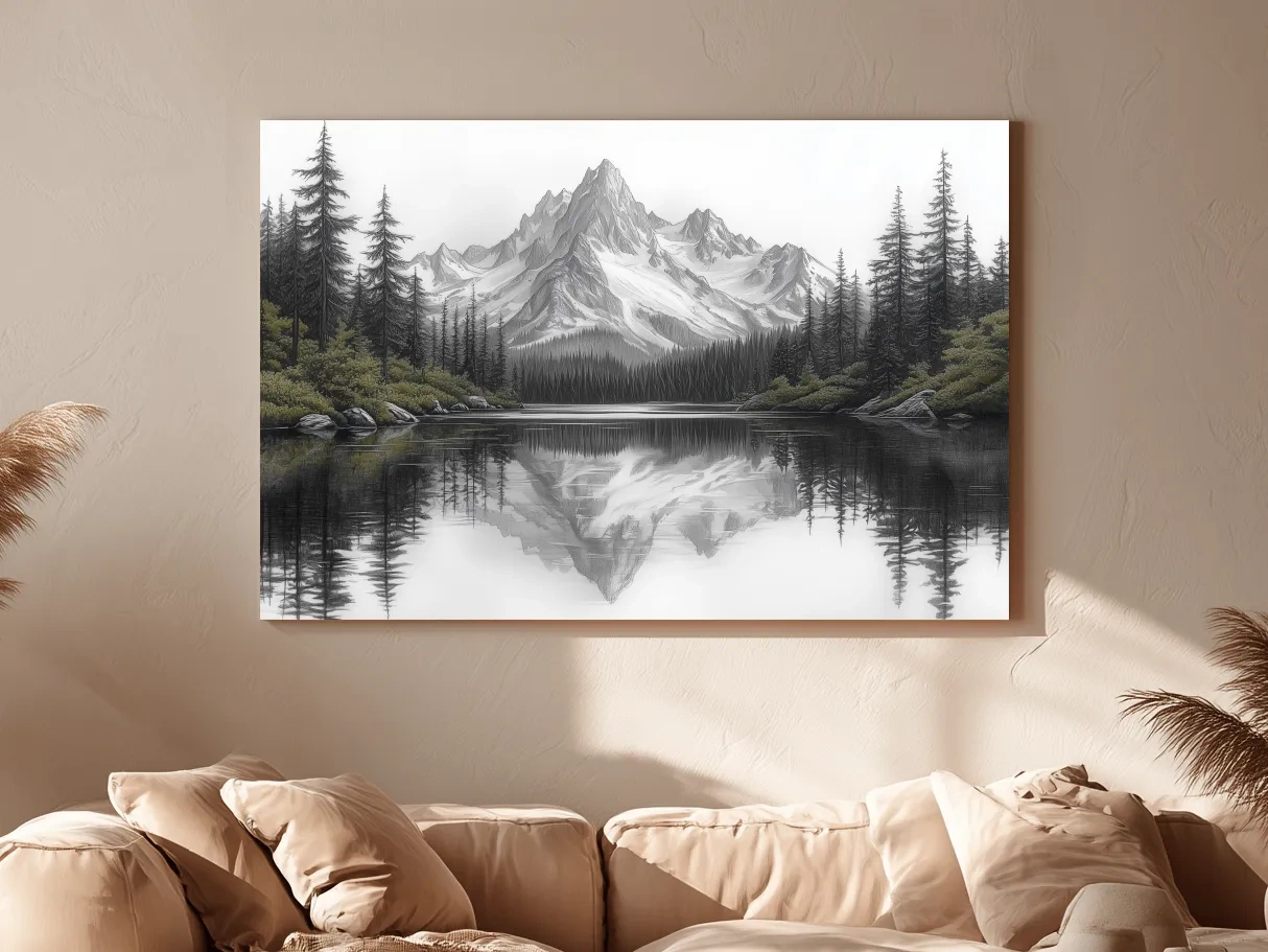 Monochrome Alpine Mountain Lake Reflection Sketch Artwork - Minimalist Forest Landscape Wall Art