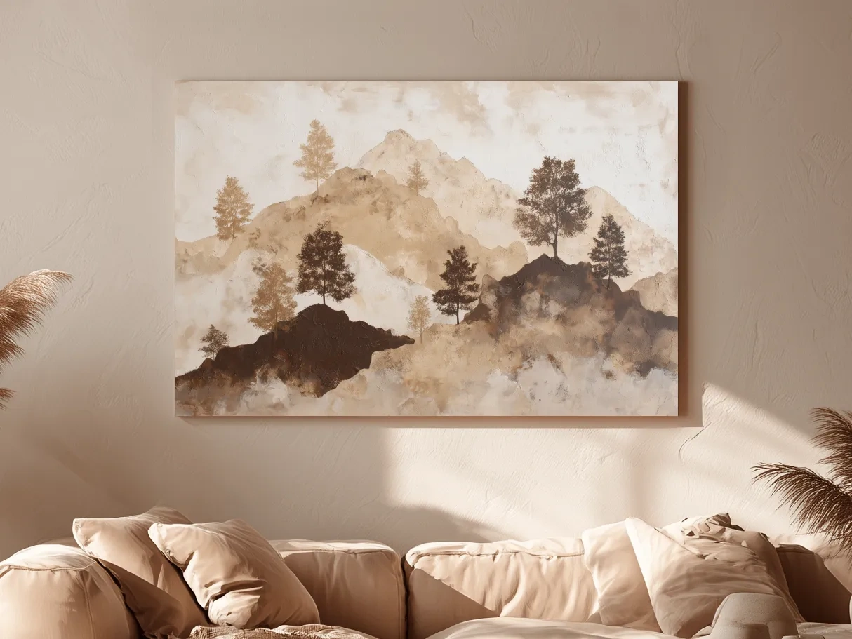 Wabi-Sabi Mountain Tree Silhouettes Painting - Minimalist Landscape Wall Art