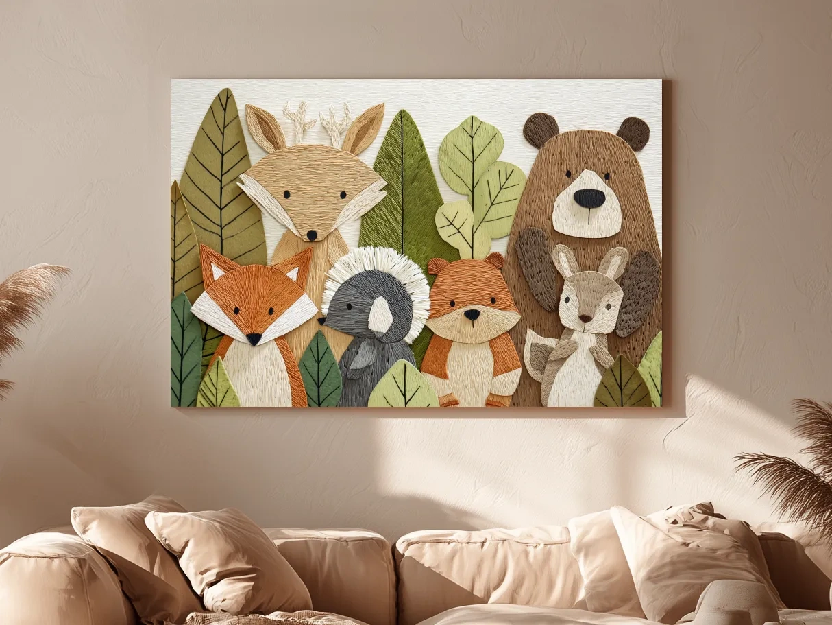 Woodland Animal Nursery Decor - Cute Forest Animals Embroidery Style Wall Art