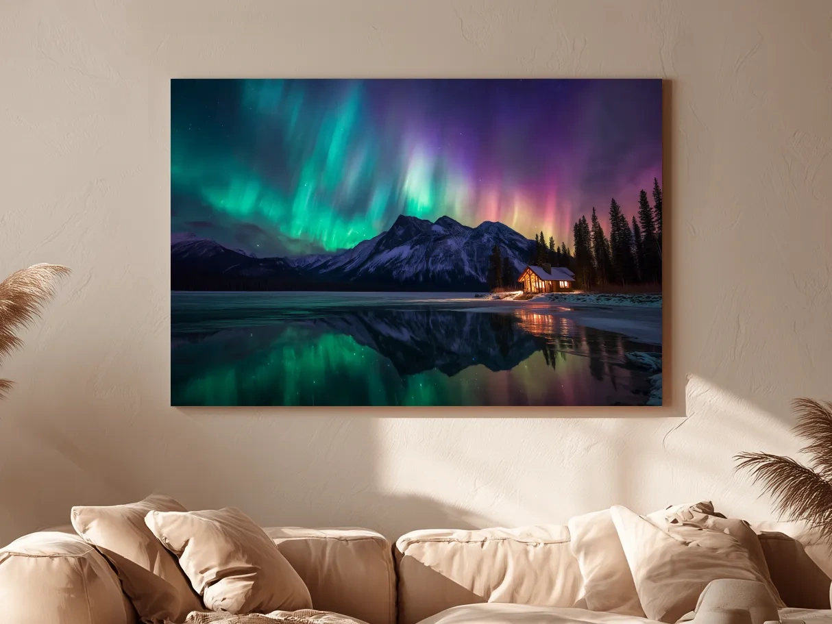Vibrant Northern Lights Over Mountain Lake Cabin - Aurora Borealis Landscape Wall Art