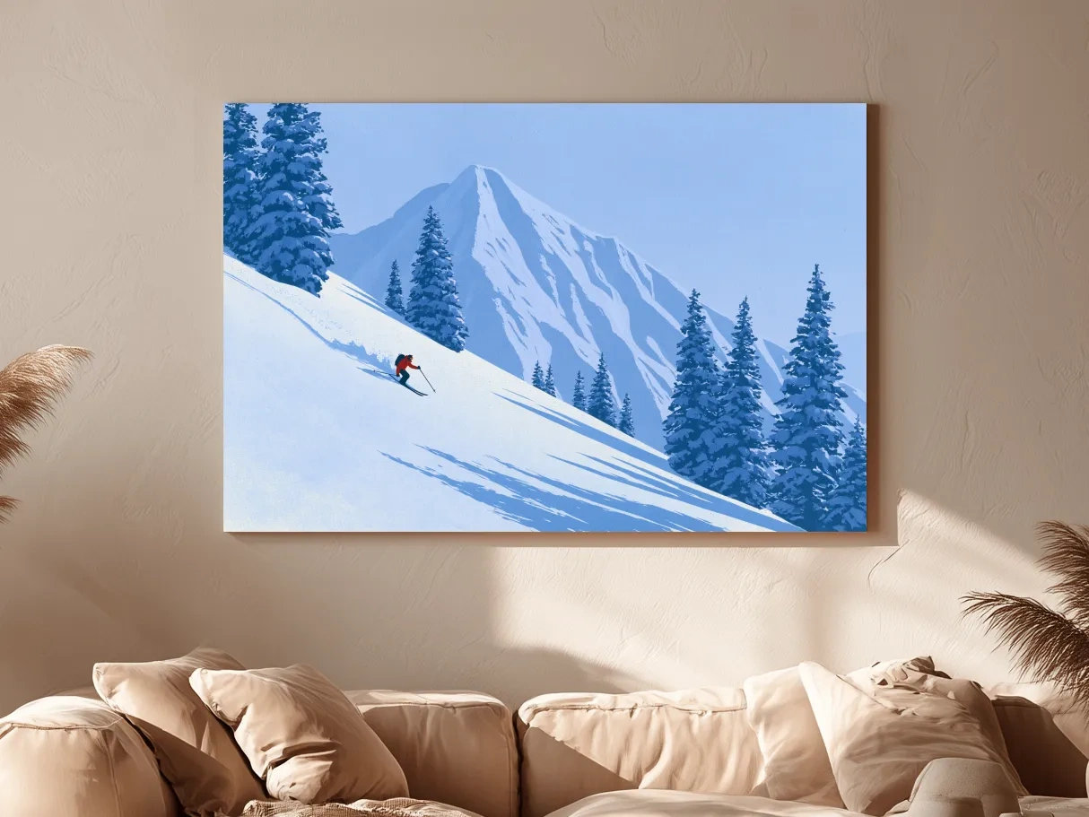 Minimalist Snowy Mountain Skier Landscape - Winter Alpine Illustration Wall Art