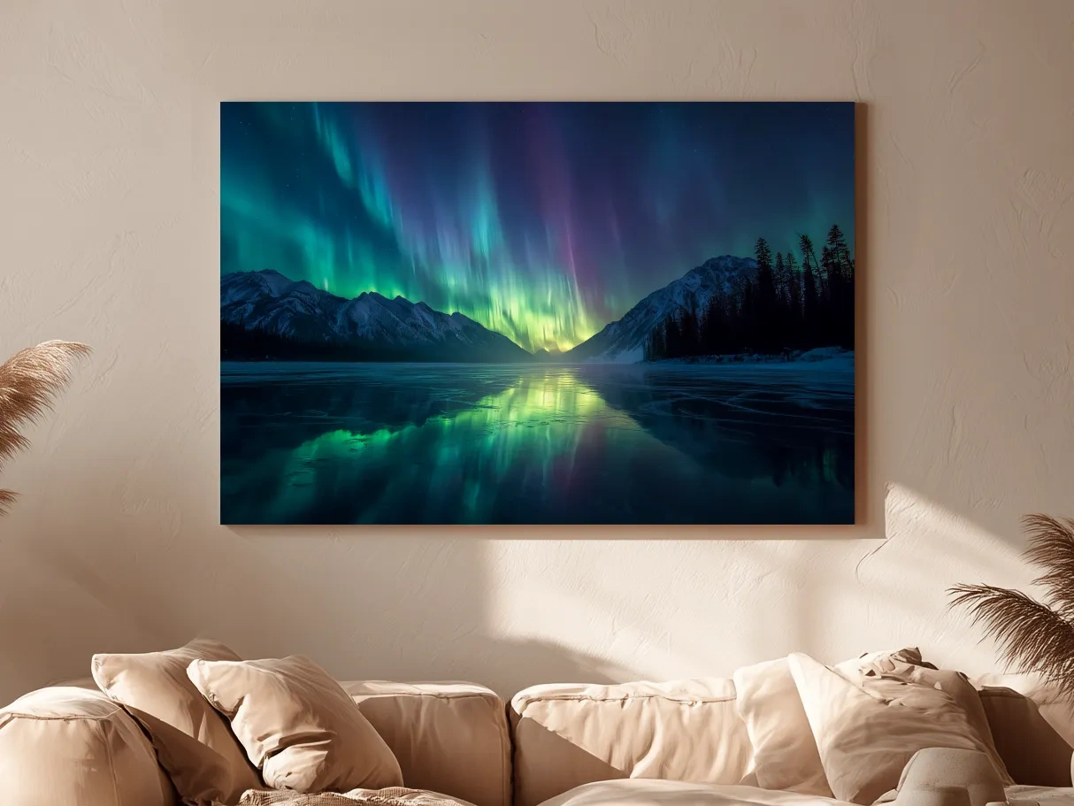 Vibrant Northern Lights Over Icy Mountain Lake - Aurora Borealis Wall Art