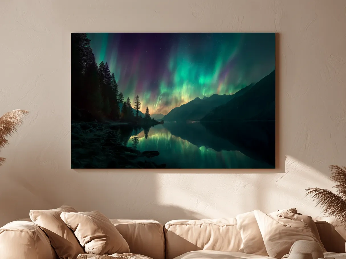 Vibrant Northern Lights Lake Reflection - Aurora Borealis Mountain Wall Art