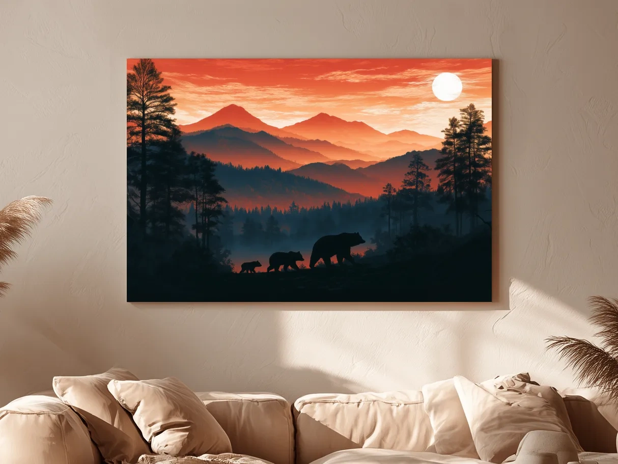 Mountain Sunset Bear Family Silhouettes - Wilderness Landscape Artwork