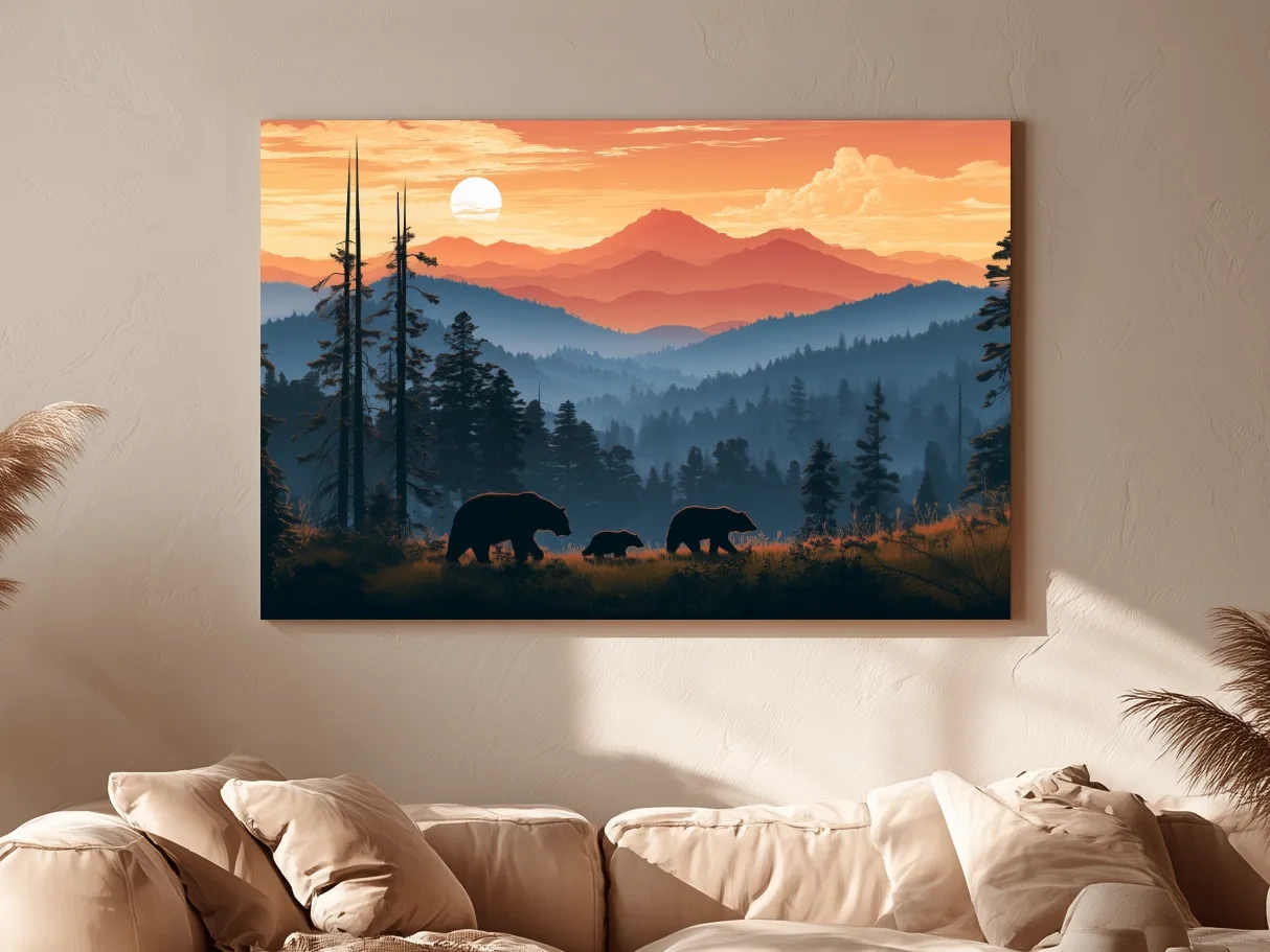Bear Family Silhouettes - Mountain Sunset Wildlife Wall Art