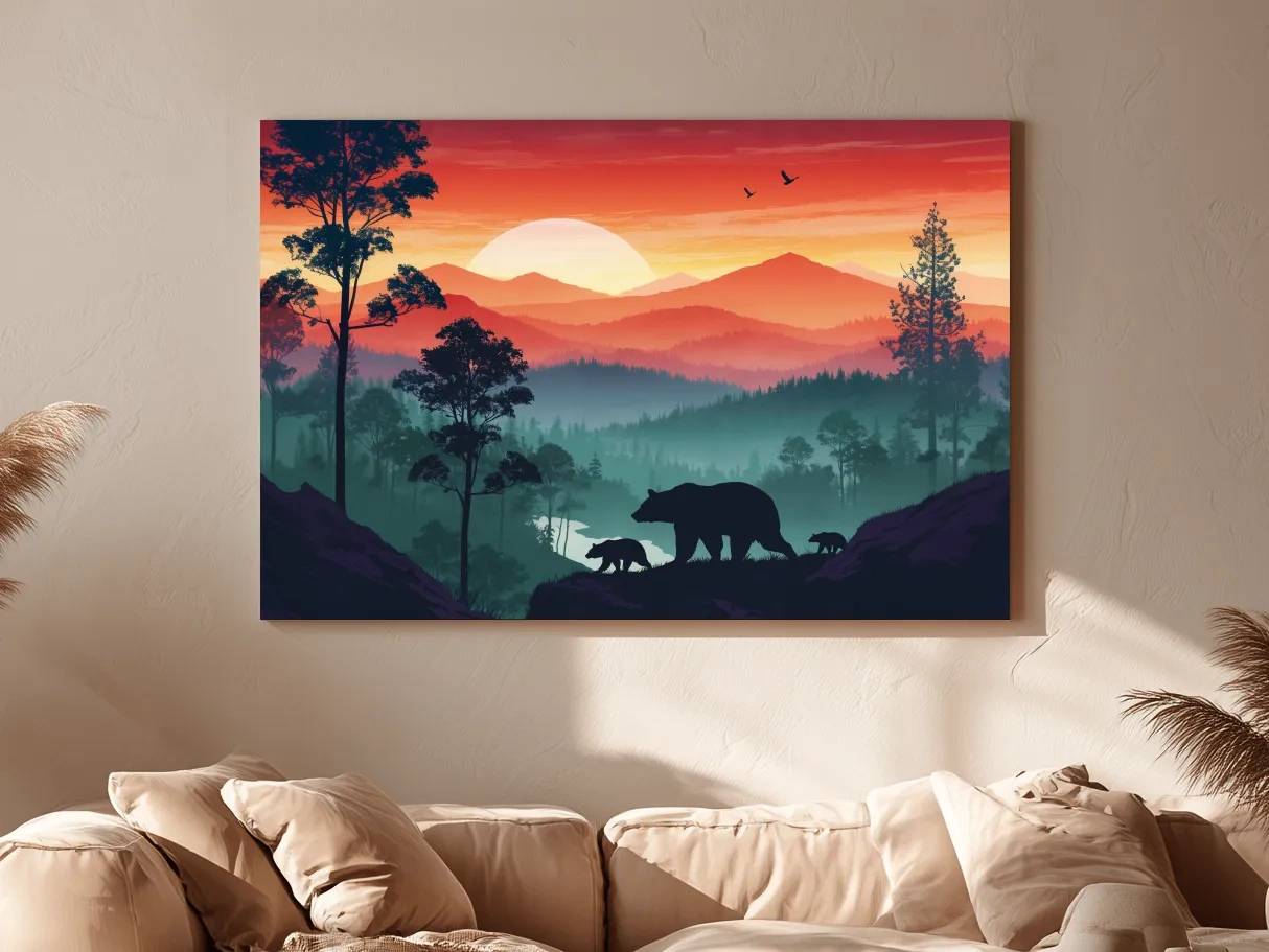 Sunset Mama Bear & Cubs Silhouette - Misty Forest Landscape Artwork