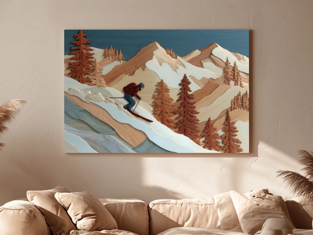 Wood Intarsia Style Skier Mountain Scene - Winter Alpine Wall Art