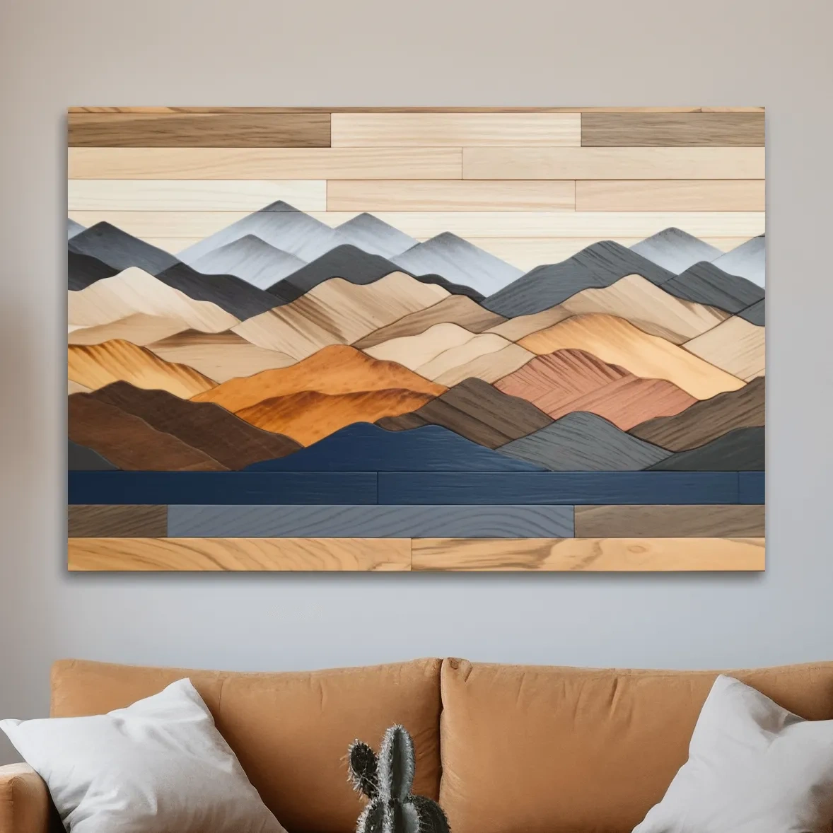 Rustic Layered Wooden Mountain Range Panorama - Modern Geometric Wall Art