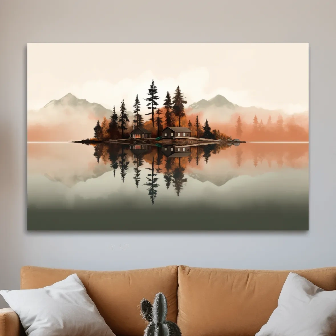 Minimalist art, lakeside cabin amongst the trees