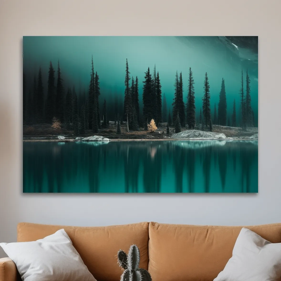 Misty Pine Forest Turquoise Alpine Lake - Serene Mountain Landscape Wall Art