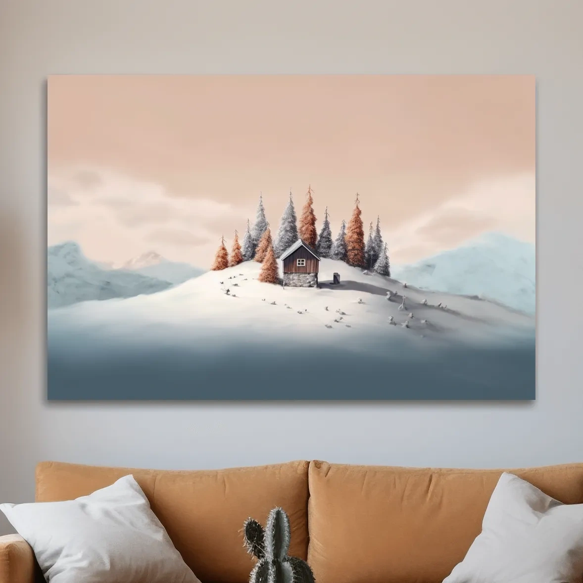 Minimal painting, cabin in the snow