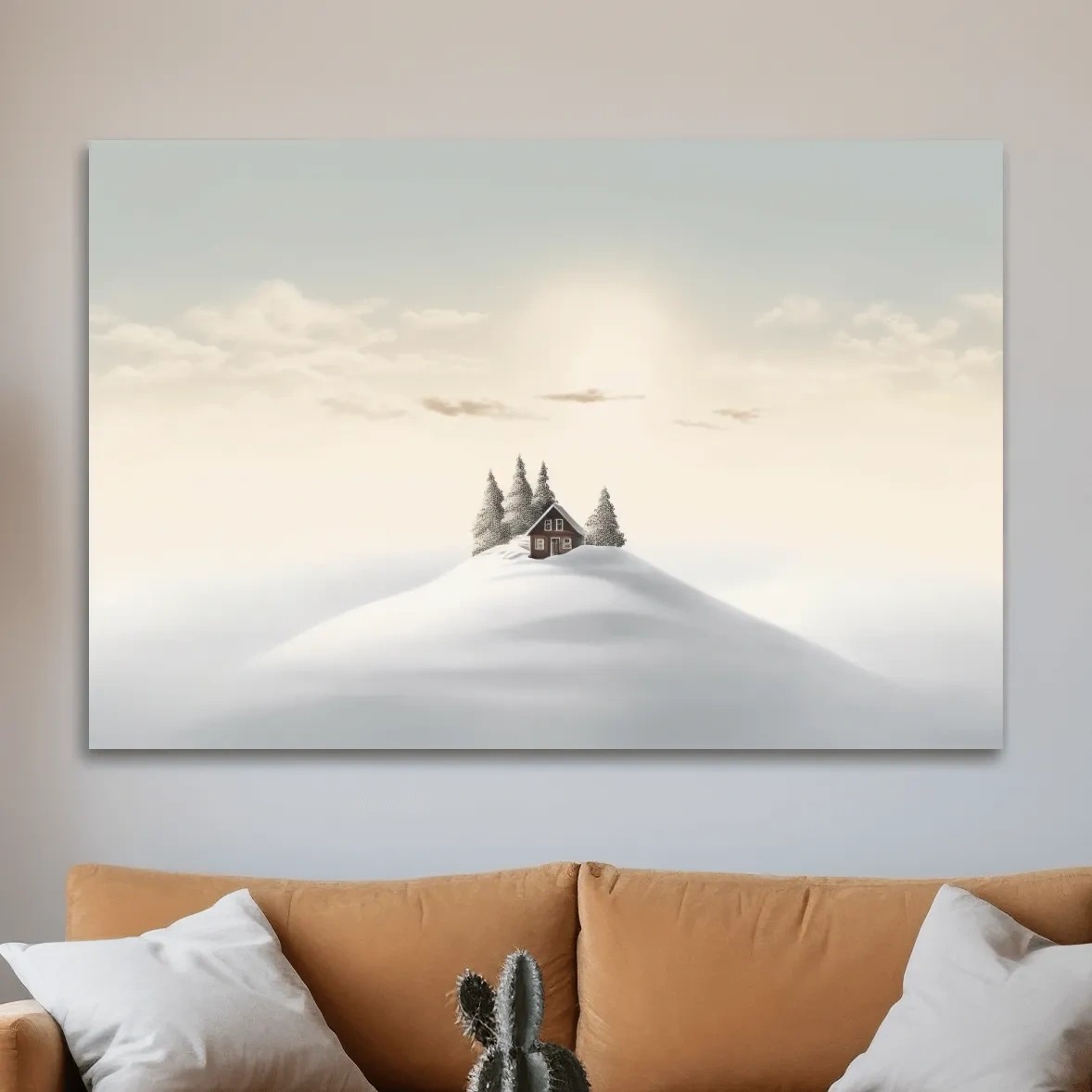Minimal painting, cabin in the snow