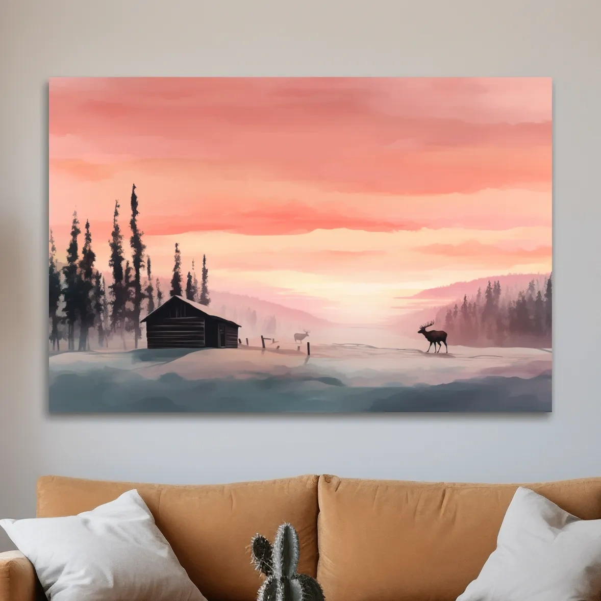 Sunset mountain scene, deer in the snow